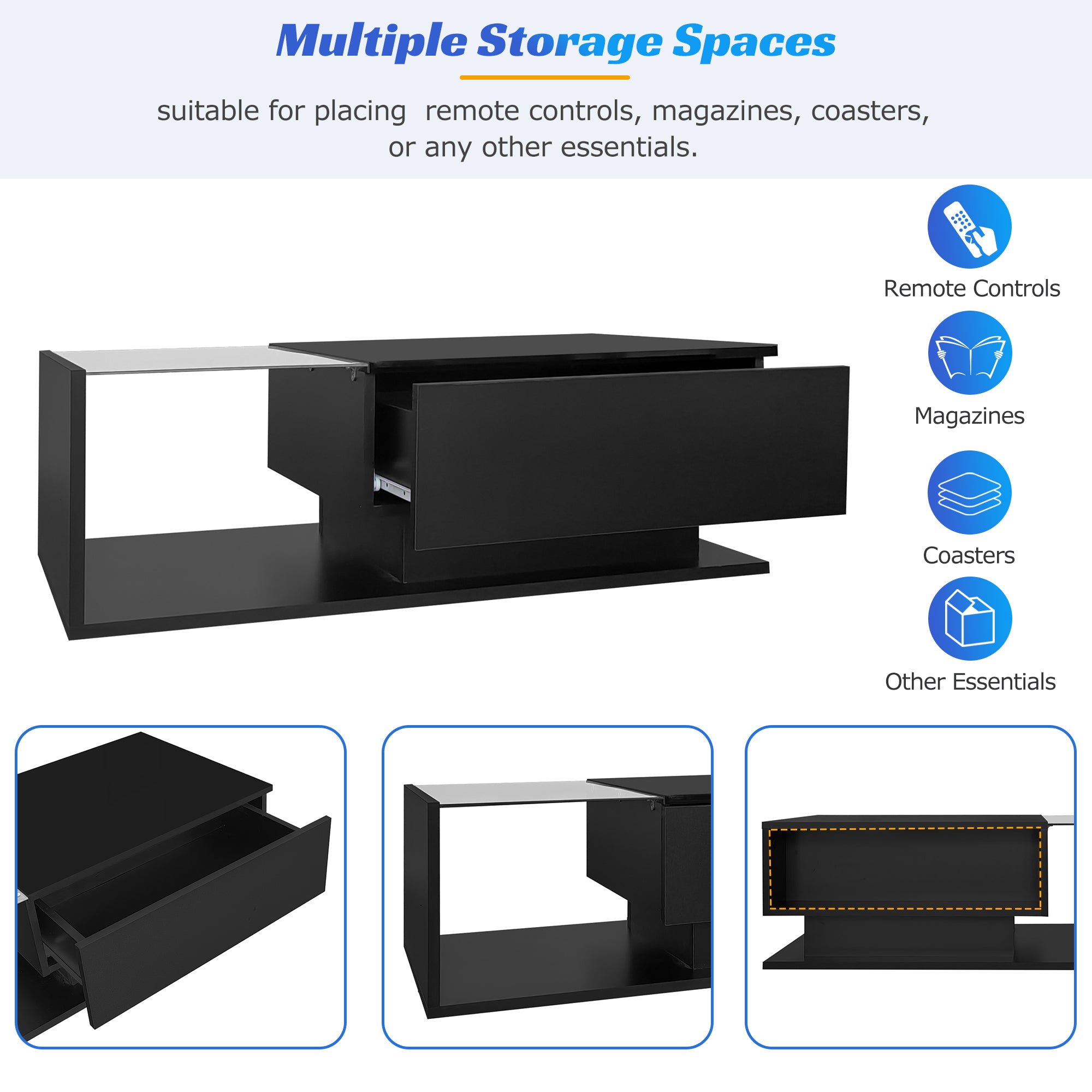 Logidon hoogglans zwarte salontafel 100x50x32 cm met glazen blad LED