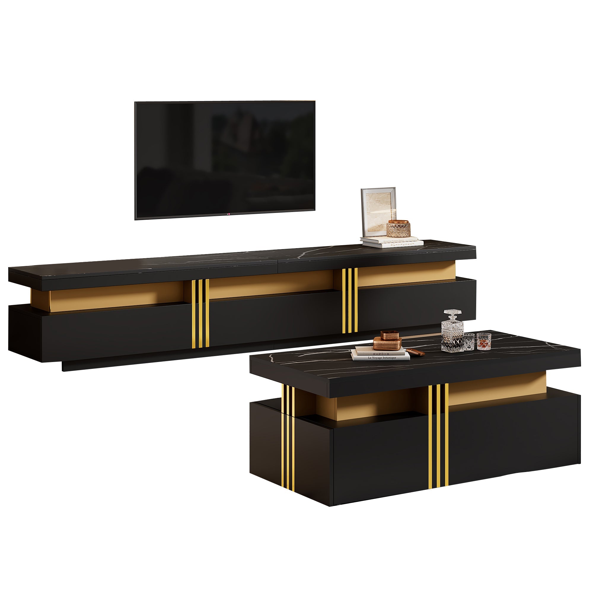 Logidon Zwarte tv-wandmeubelset 2 tv-kast salontafel marmerlook