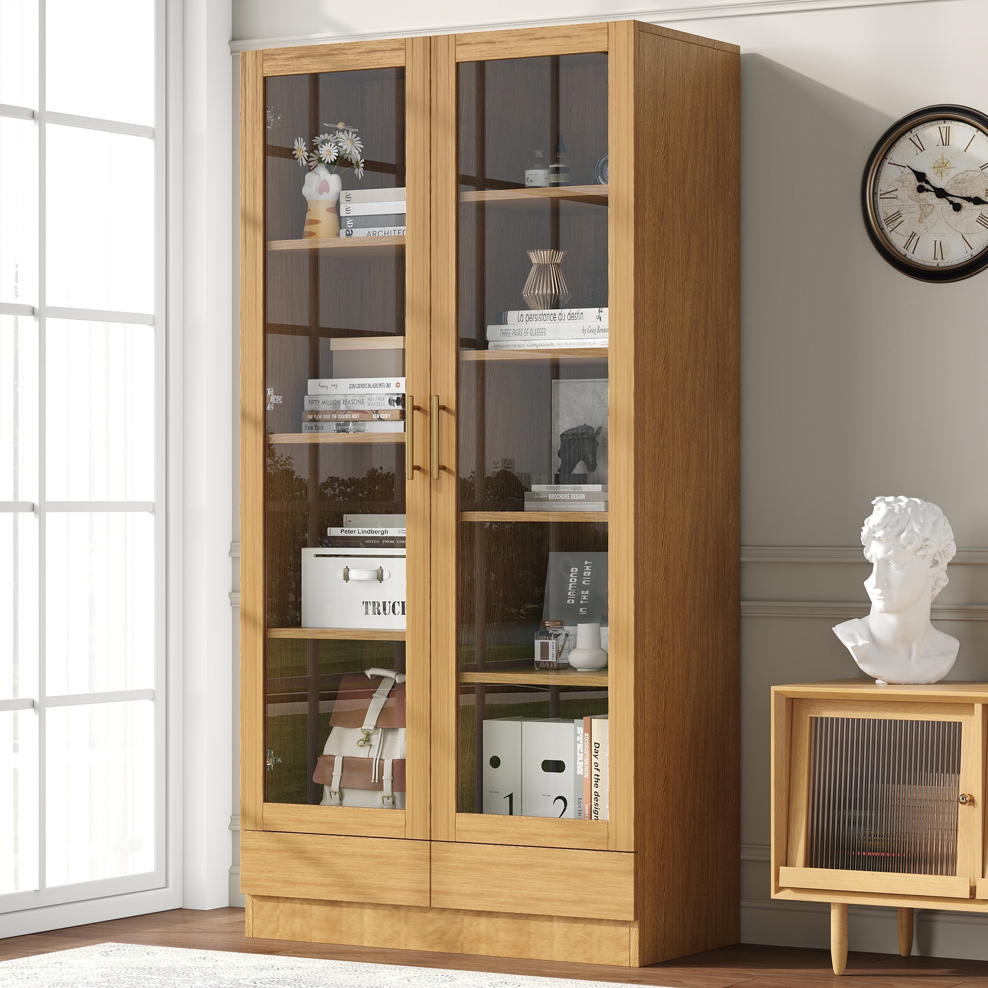Logidon vitrinekast 80x40x160 cm naturel hout met push-to-open lades