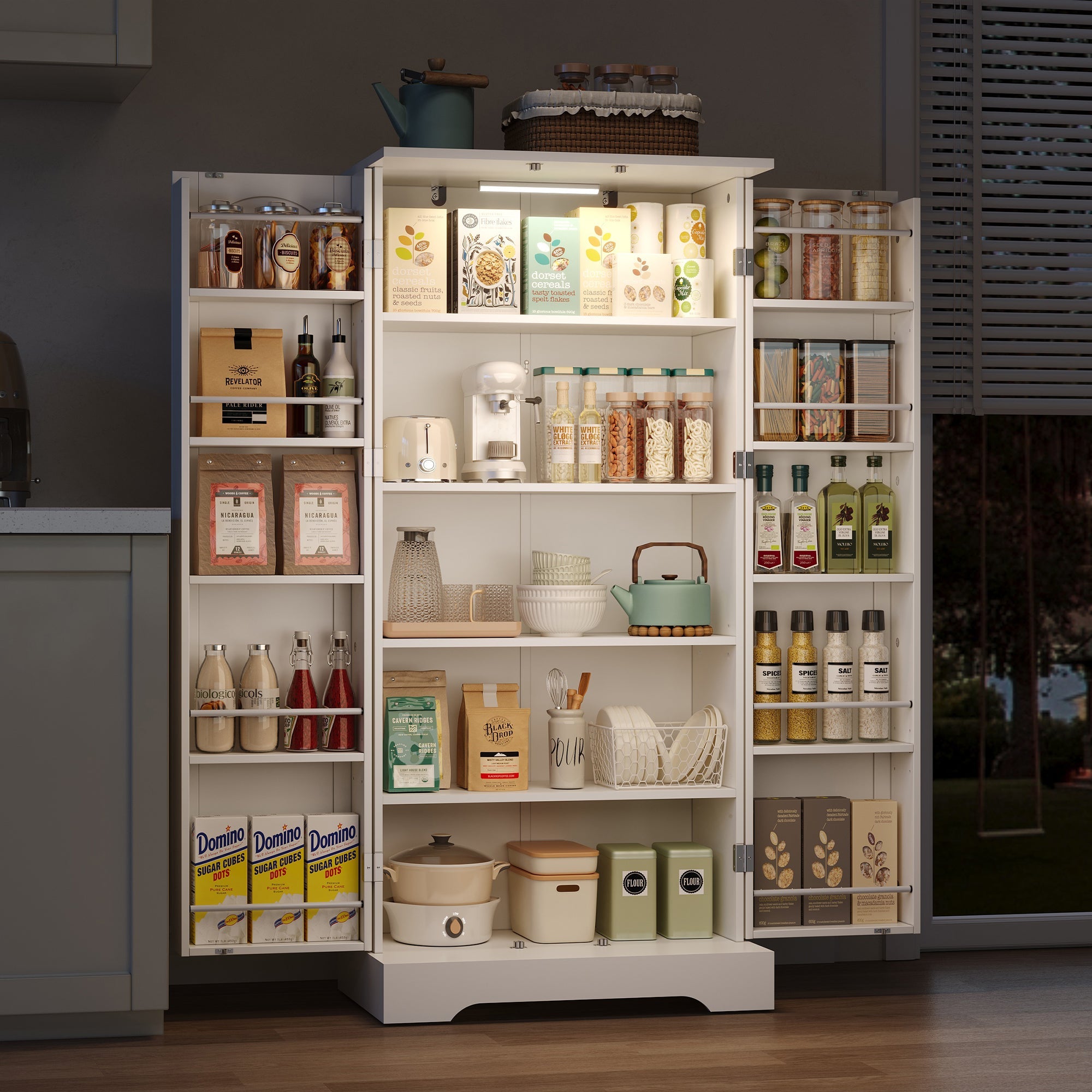 Logidon 60x35x128cm witte keukenkast LED-sensorlicht verstelbare planken