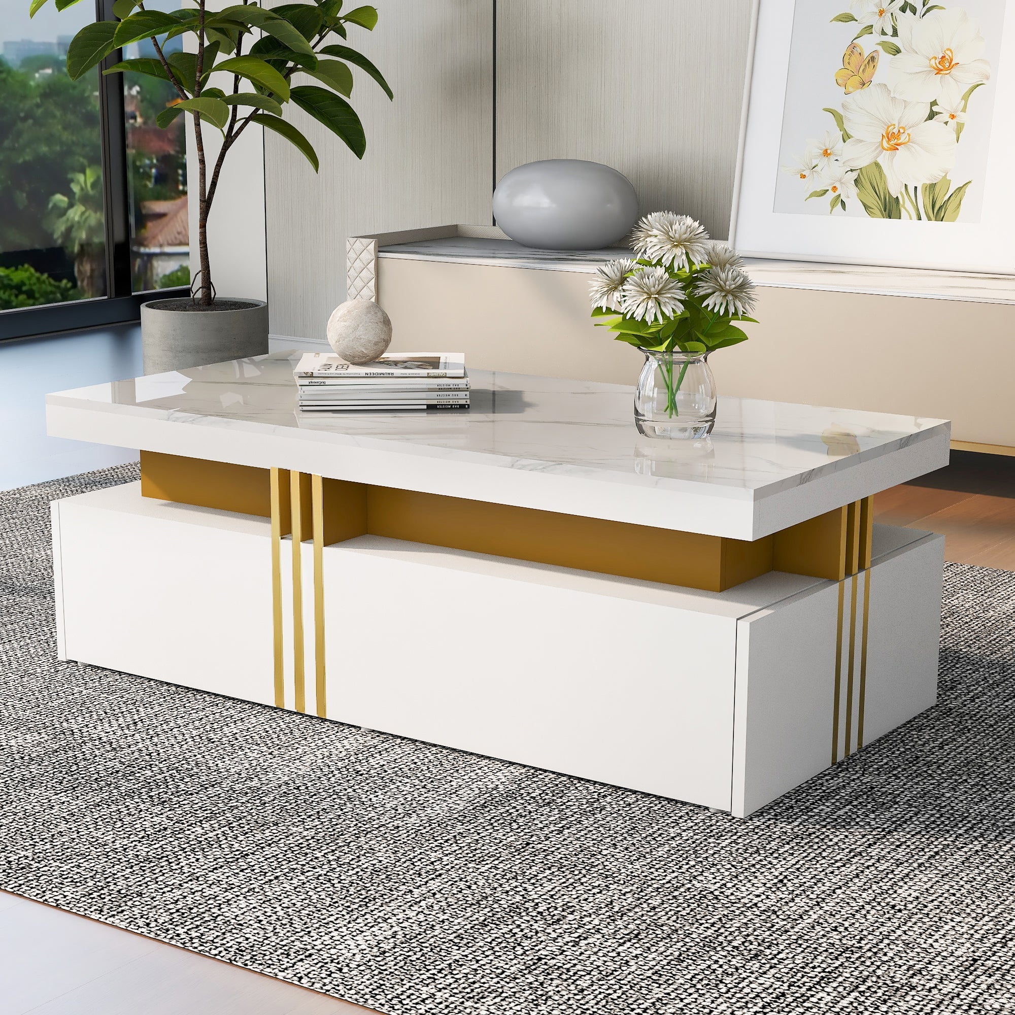 Logidon Modern coffee table high gloss top, 2 drawers, 100x50 cm