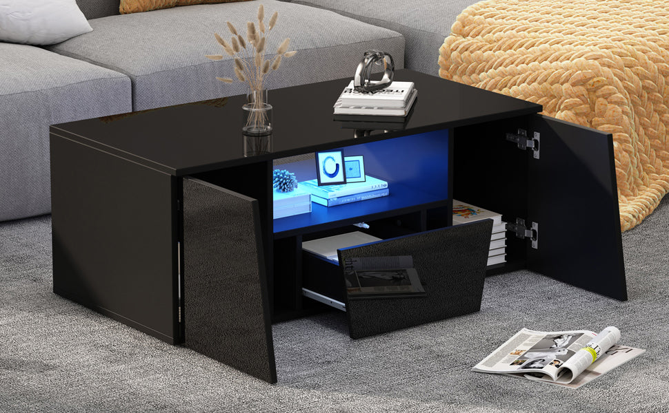 Logidon coffee table 100x50x40 cm black with LED 2 cabinets 1 drawer