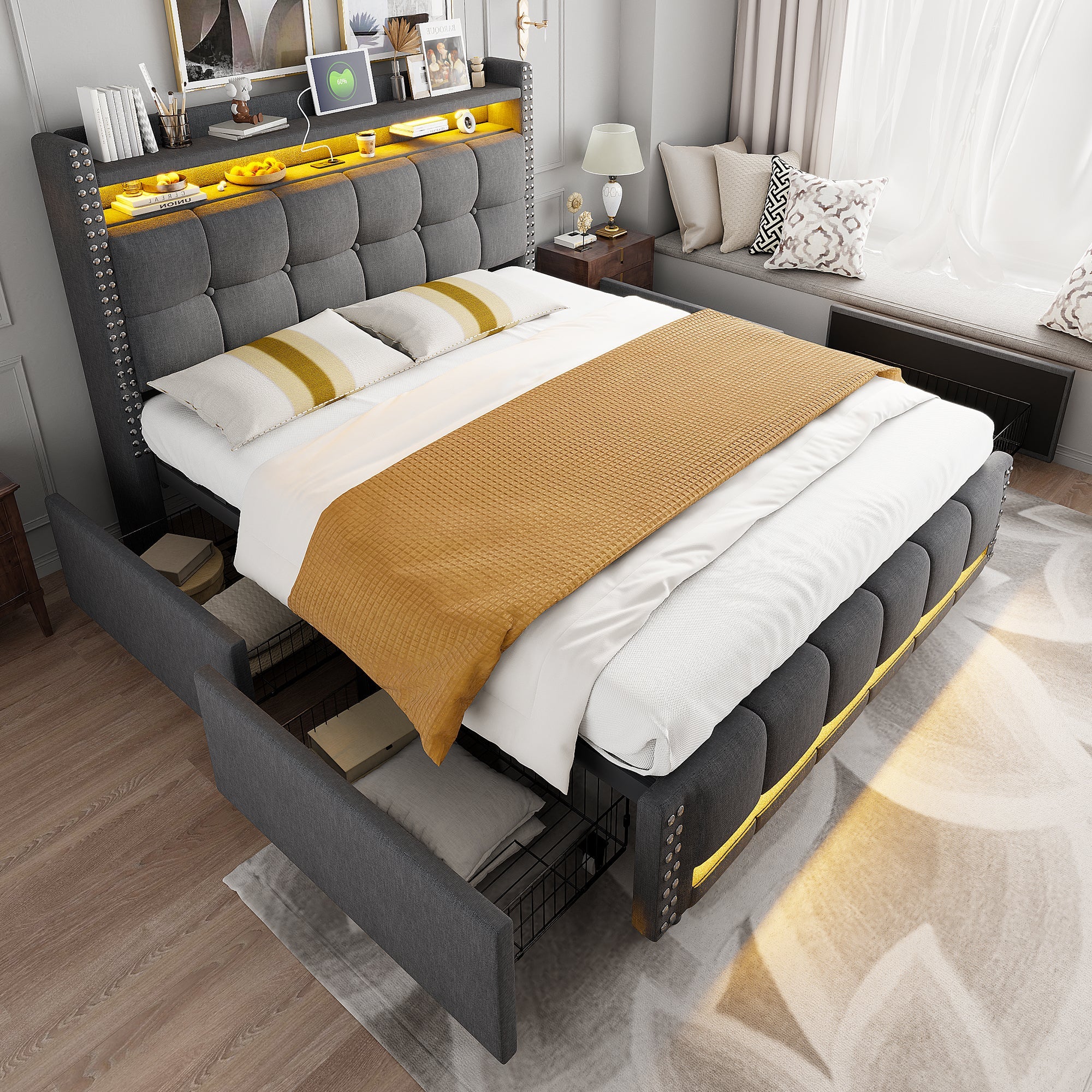 Logidon gestoffeerd bed 140x200 grijs met LED verlichting USB