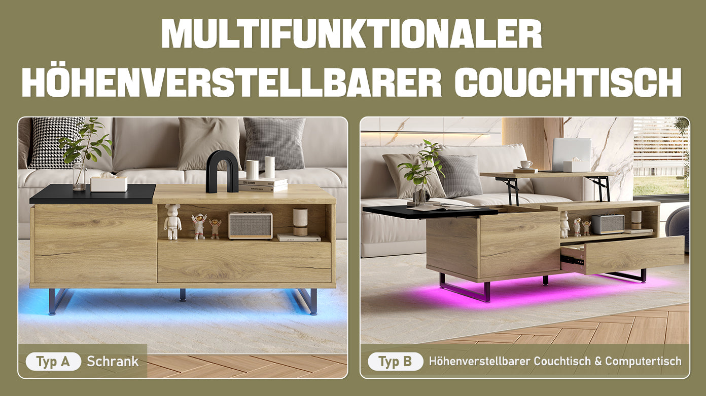Logidon In hoogte verstelbare salontafel met LED-verlichting en opbergruimte