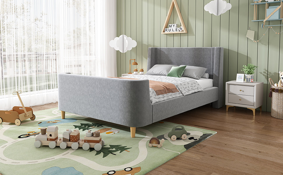 Logidon kinderbed gestoffeerd bed 90x200 grijs fluweel kosmisch patroon