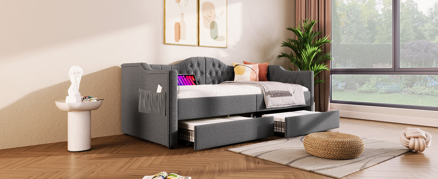 Logidon upholstered daybed 90x200 gray USB-C charging function 2 drawers