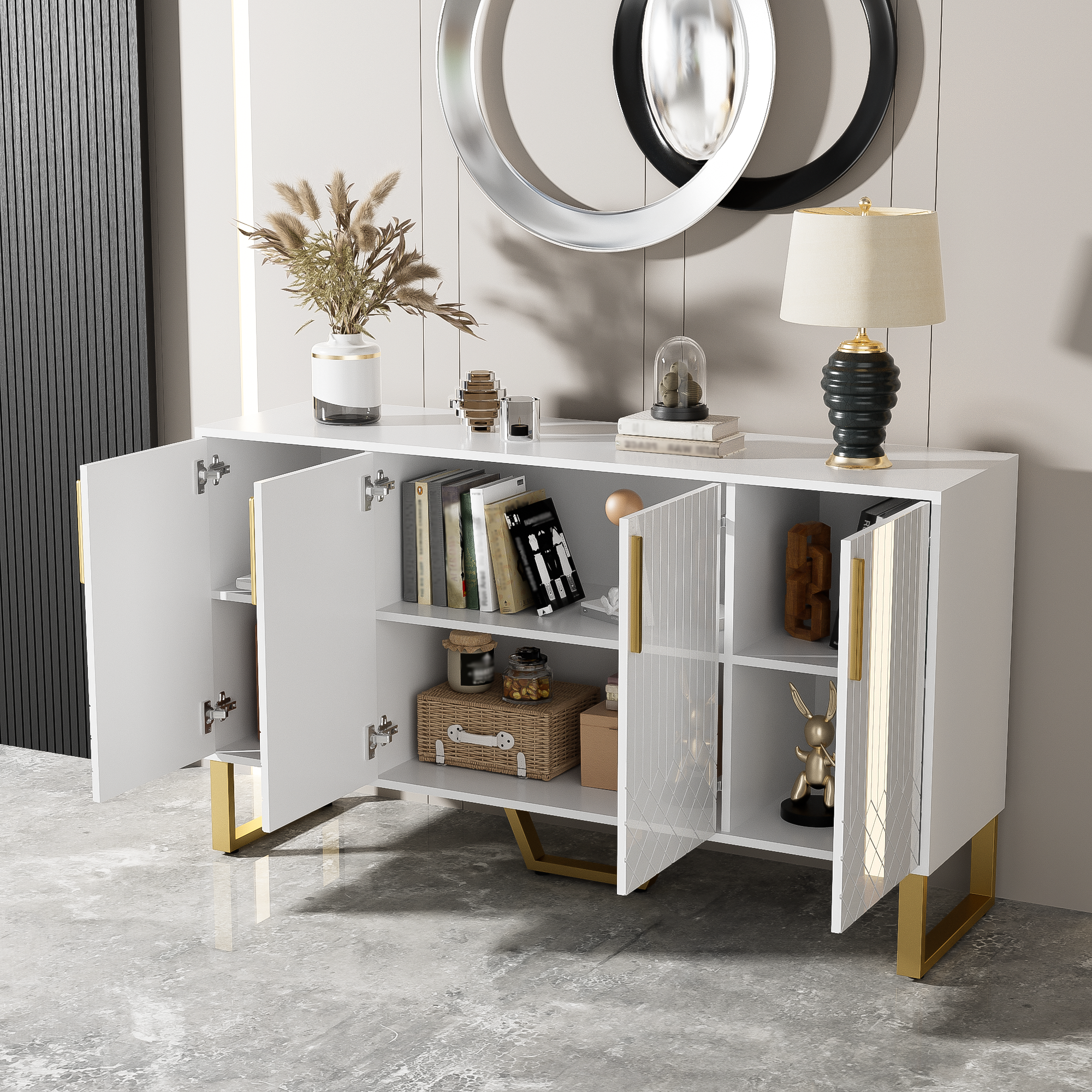 Logidon hoogglans dressoir wit 4 deuren geometrisch ontwerp 140x40x80