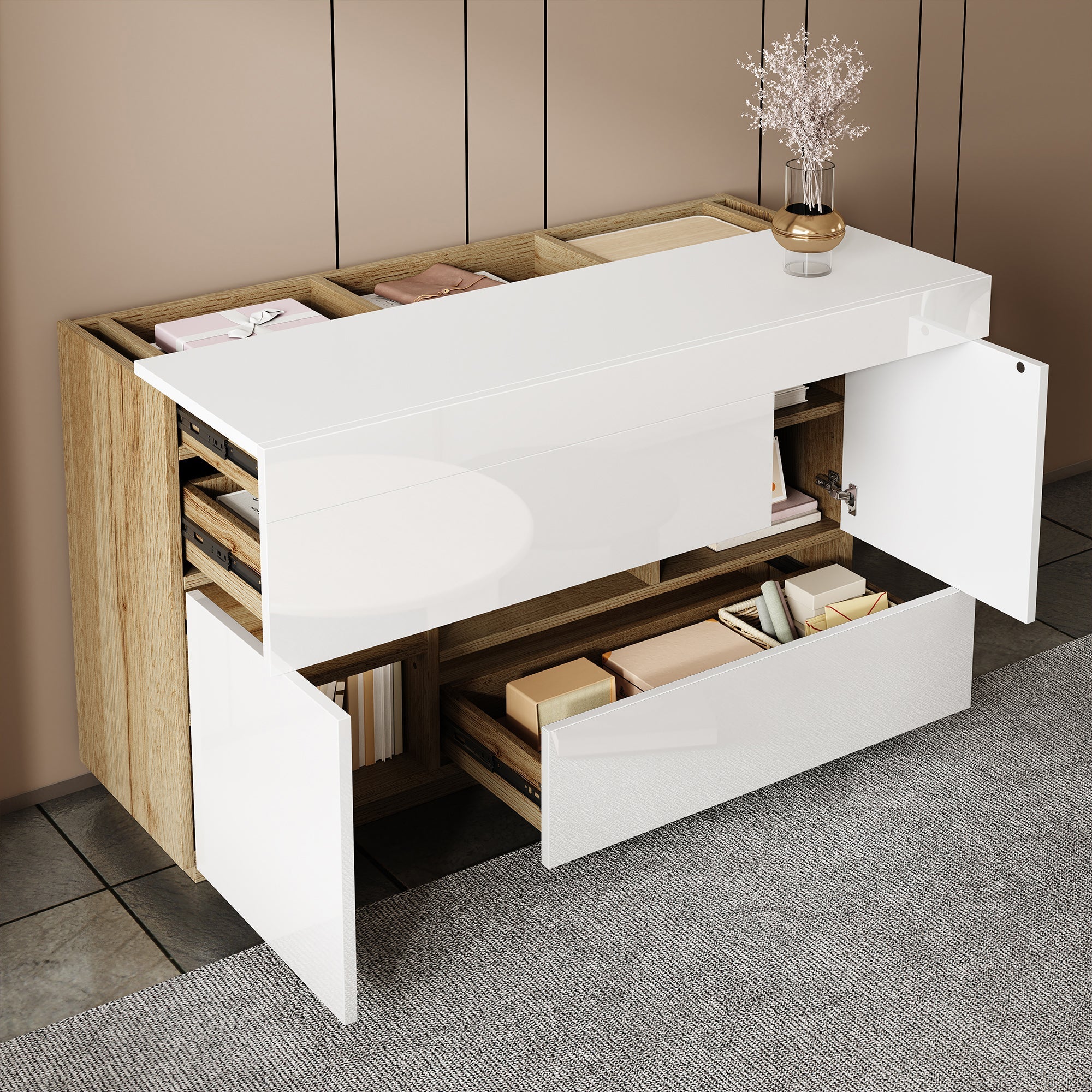 Logidon dressoir hoogglans wit vitrinekast LED 16 kleuren 120x37x76,5 cm