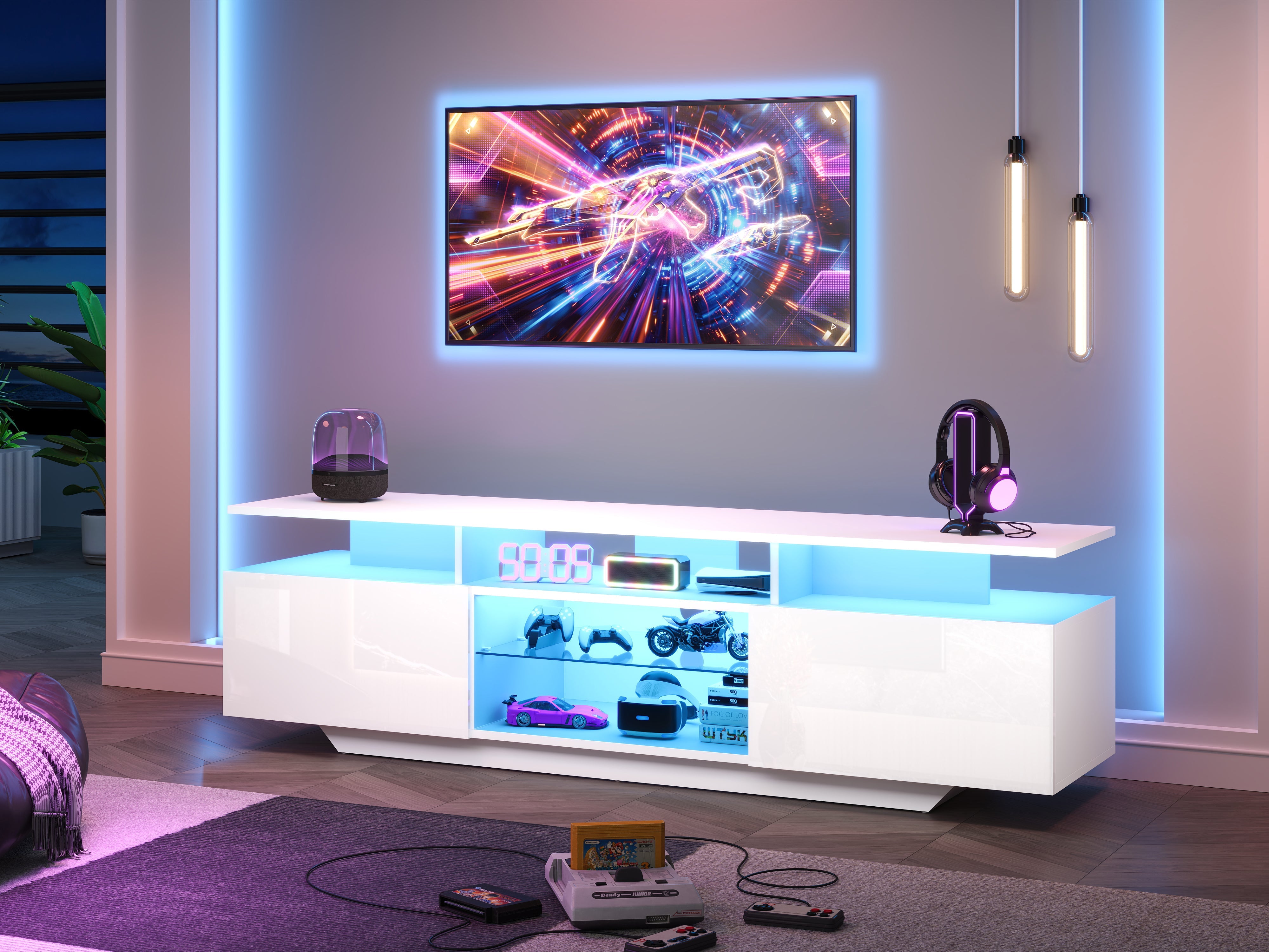 Logidon TV-meubel hoogglans wit 160 x 40 x 45 cm met LED lichtstrip glasplanken