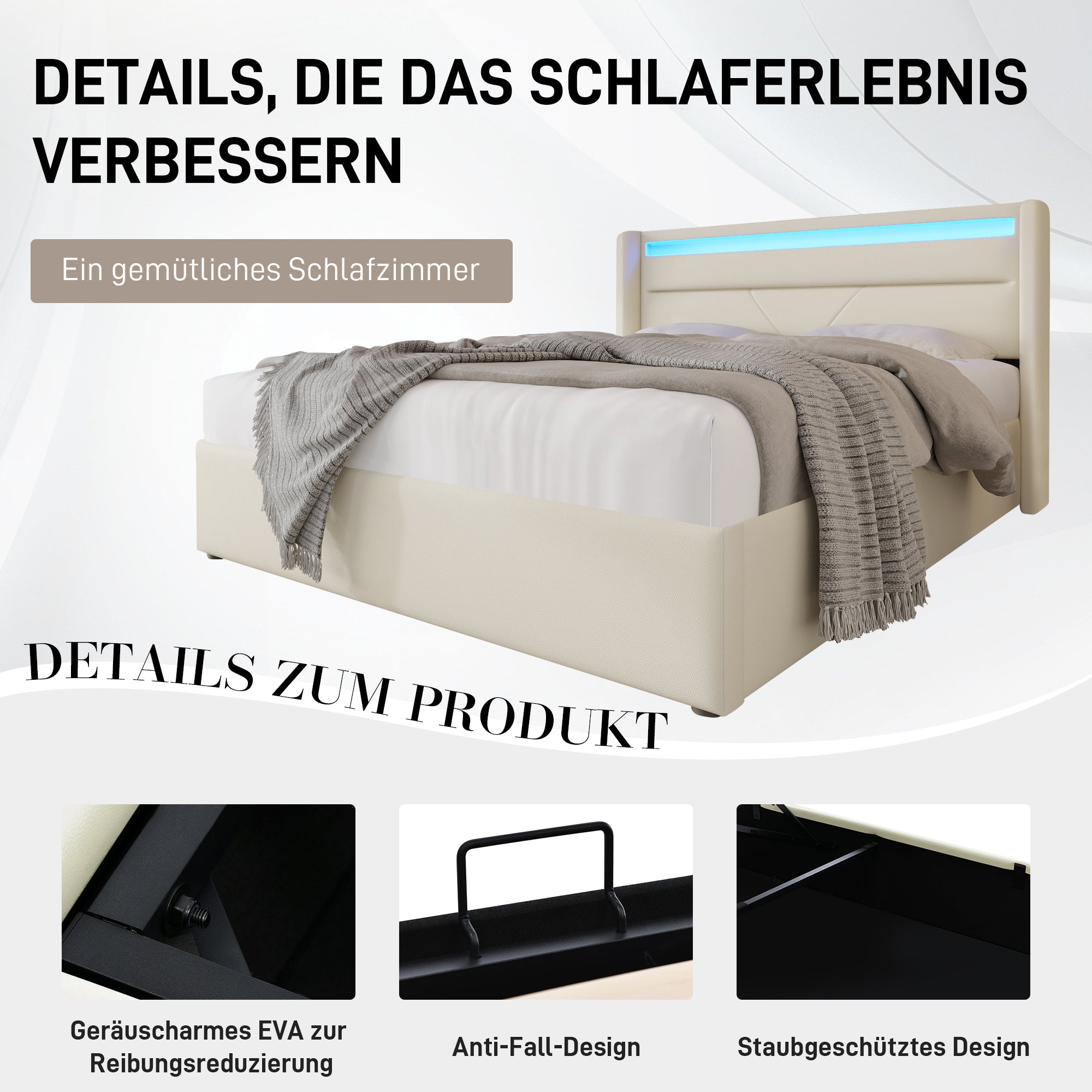 Logidon Hydraulisch Opbergbed 160x200 cm Wit Met LED Verlichting