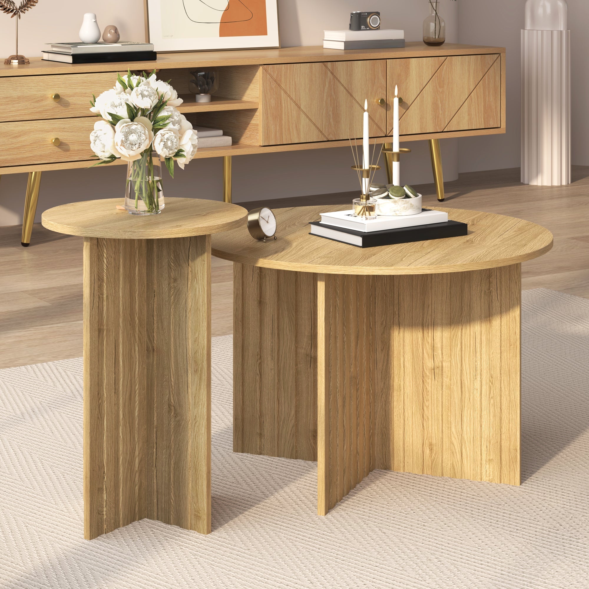 Logidon Nesttafelset 2-delig Naturel Hout Rond 76 Cm Scandinavisch