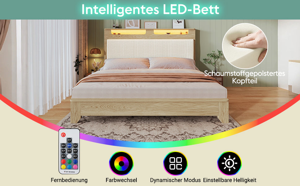 Logidon double bed 140x200 cm beige LED lighting headboard storage space
