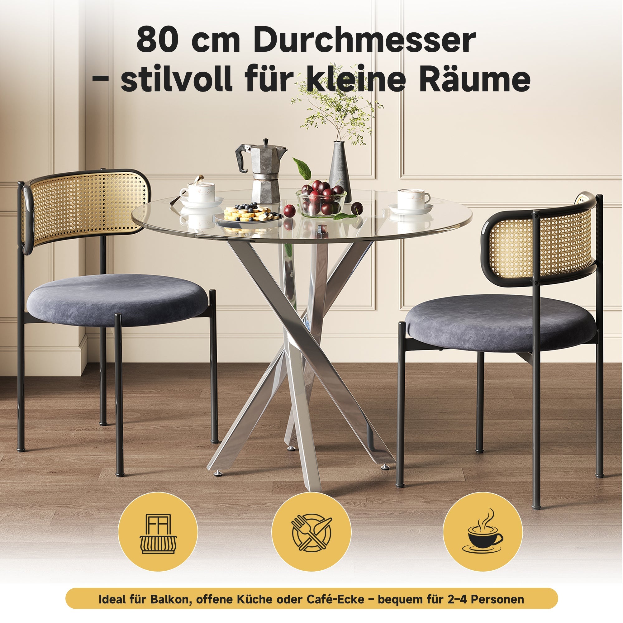 Logidon Dining Table Set Glass 80x80 cm Tempered Glass 2 Chairs Gray Silver