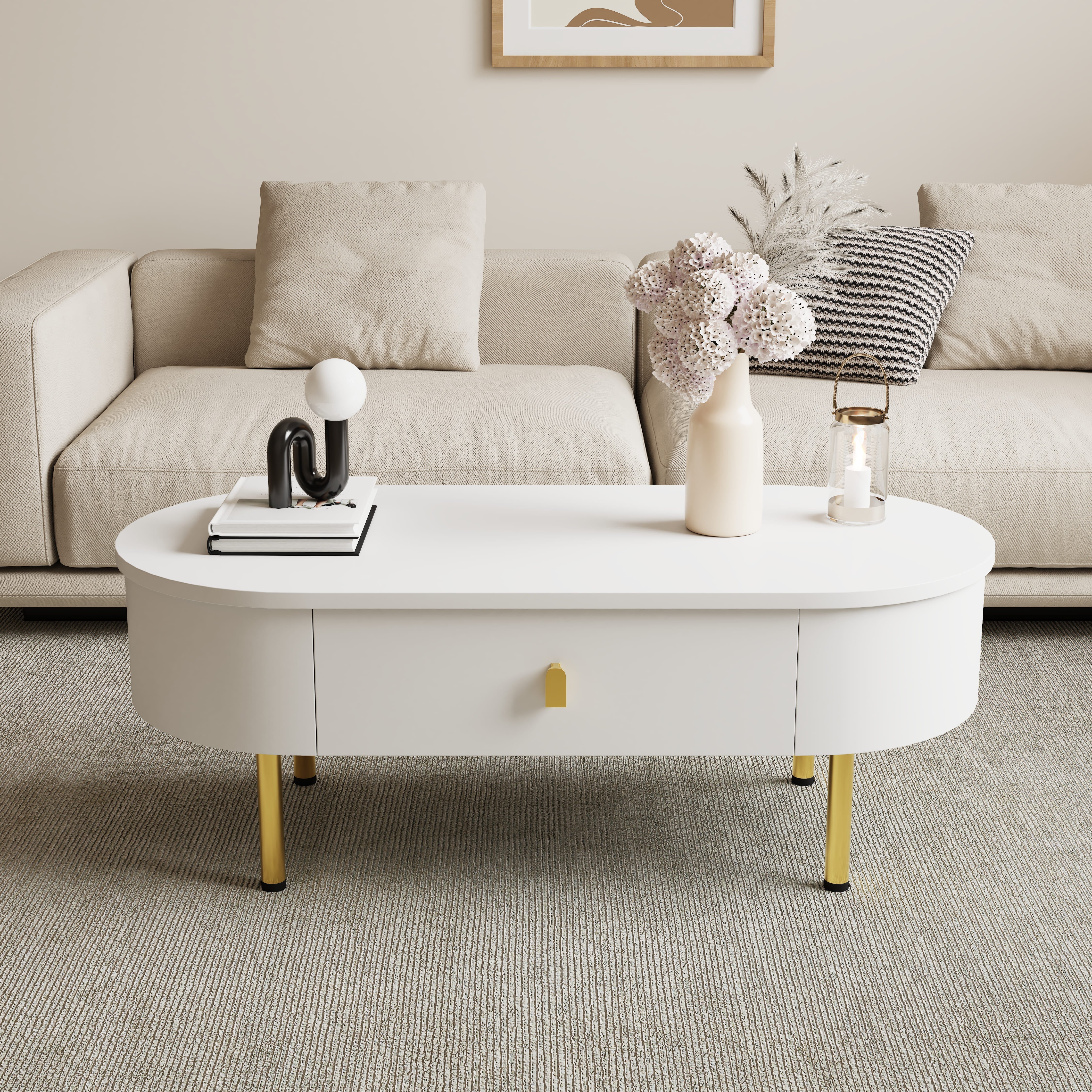 Logidon White Coffee Table With Two Drawers And Gold Handles