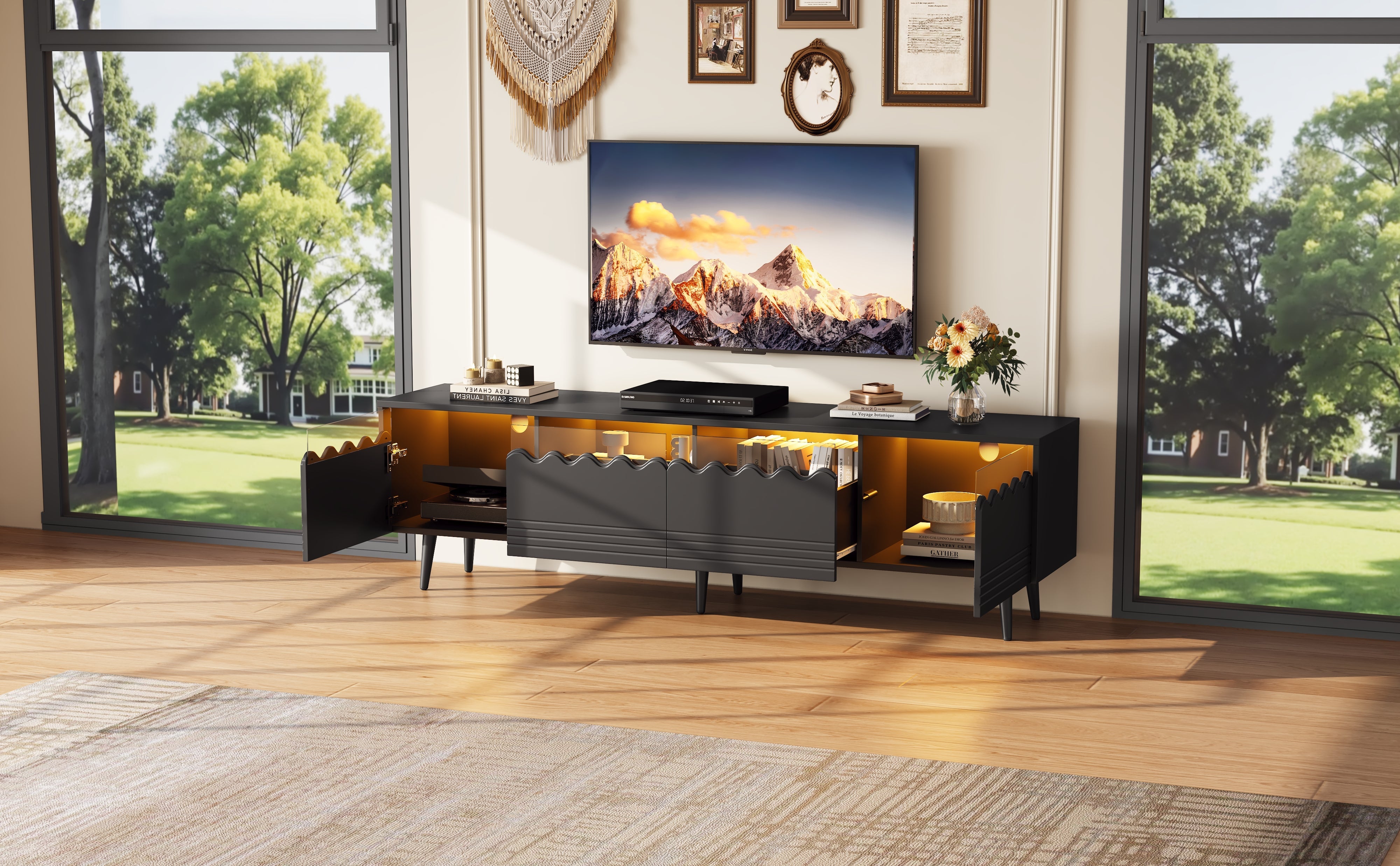Logidon 176x38x45 cm zwart TV-lowboard met LED-verlichting
