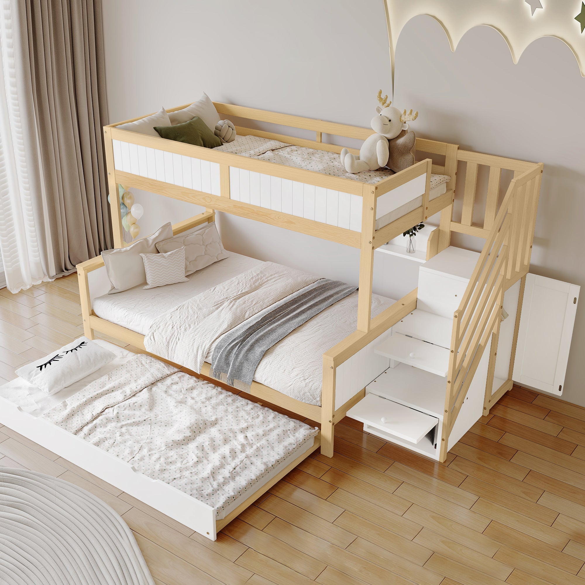 Logidon stapelbed naturel raster hoektrap onderschuifbed 90x200 120x200