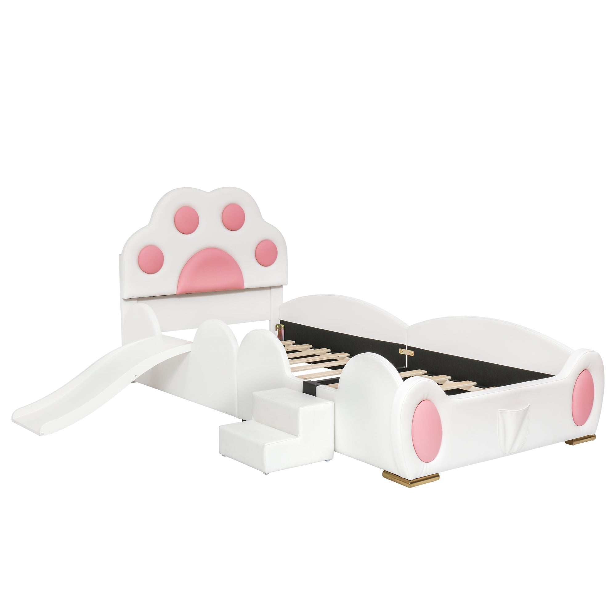 Logidon gestoffeerd bed 90x200 cm wit roze met kattenpoot hoofdeinde