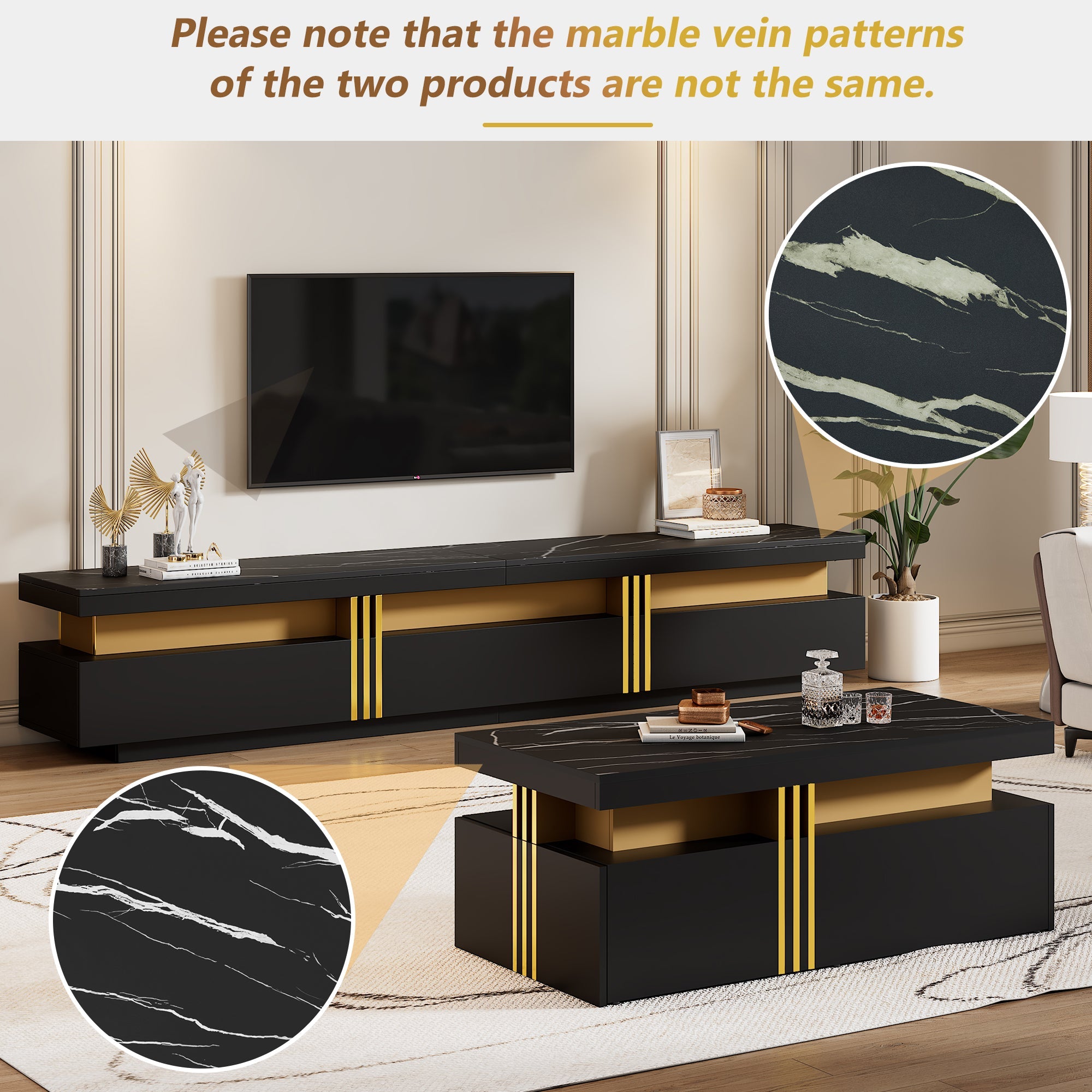 Logidon Zwarte tv-wandmeubelset 2 tv-kast salontafel marmerlook