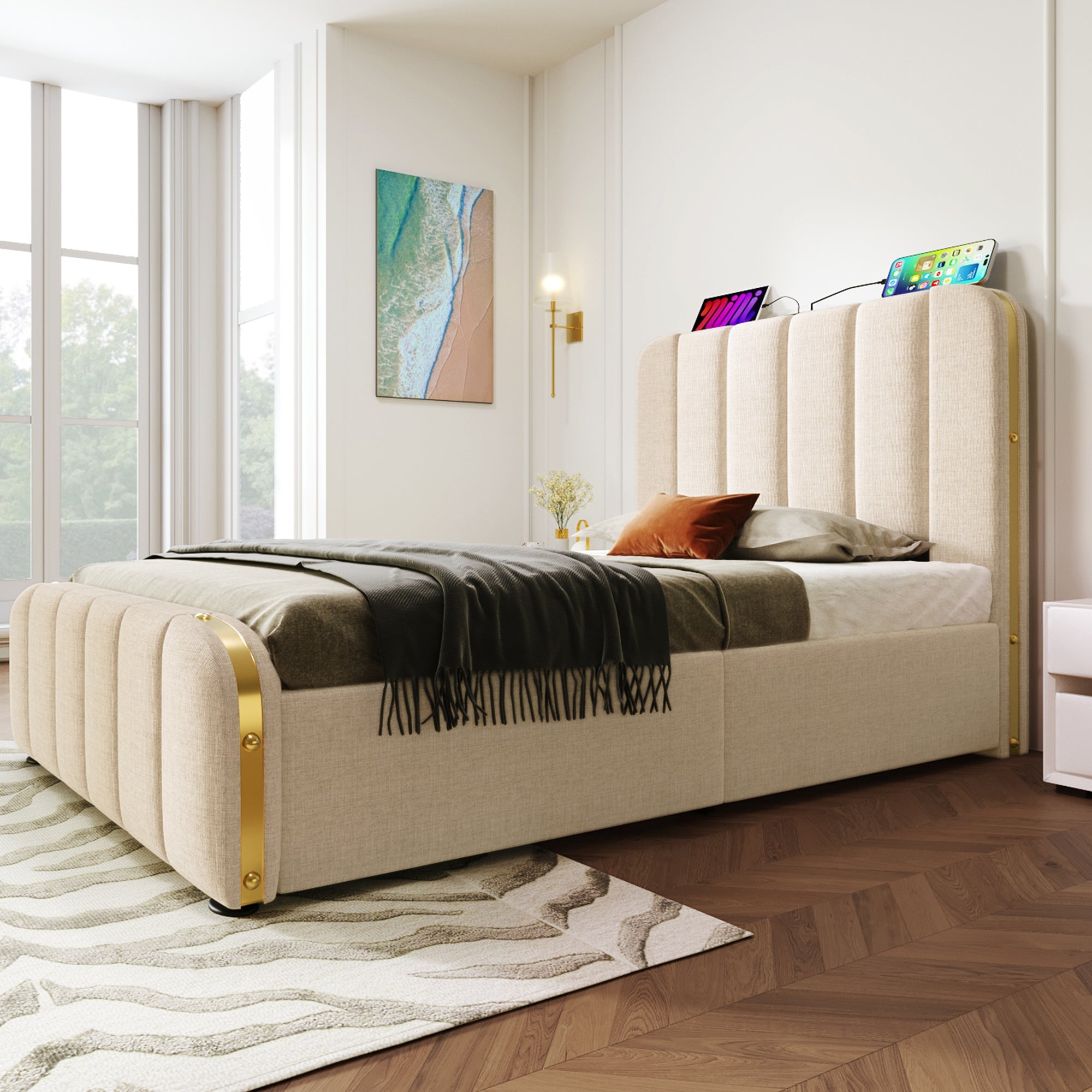 Logidon gestoffeerd bed 90x200 beige USB Type C oplaadfunctie 4 lades
