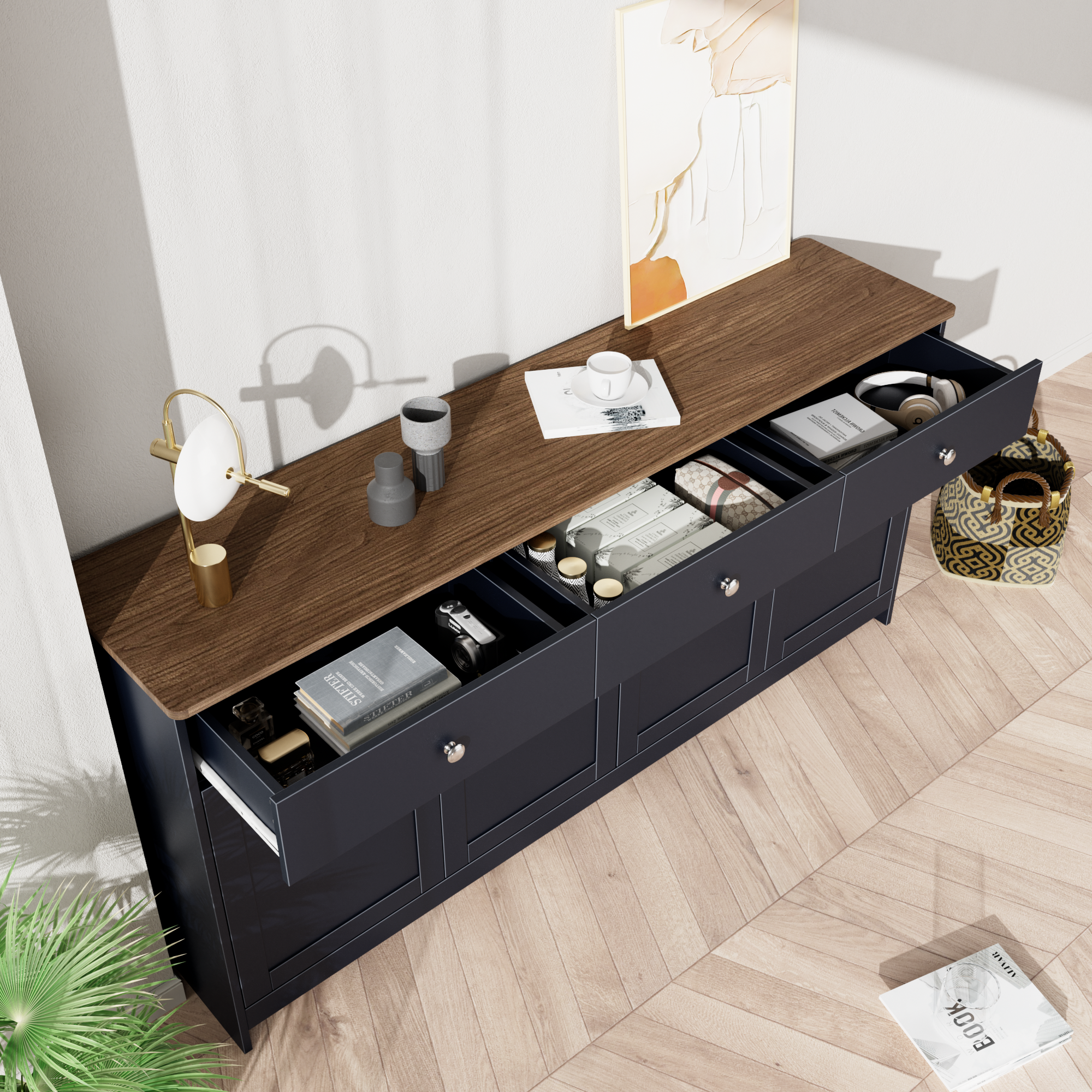Logidon Dressoir Grijs Zwart Met Houtnerf 4 Deurs Drie Laden