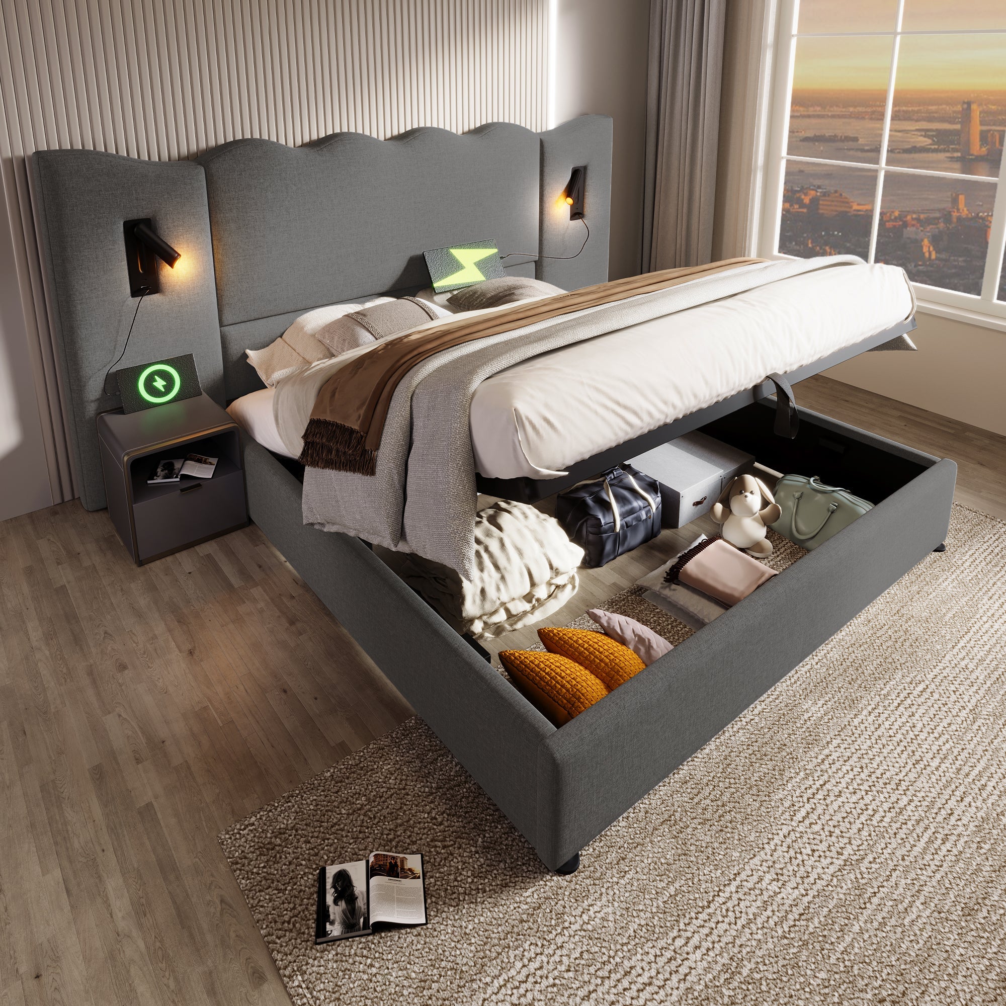 Logidon boxspringbed 160x200 grijs met opbergruimte USB C leeslamp