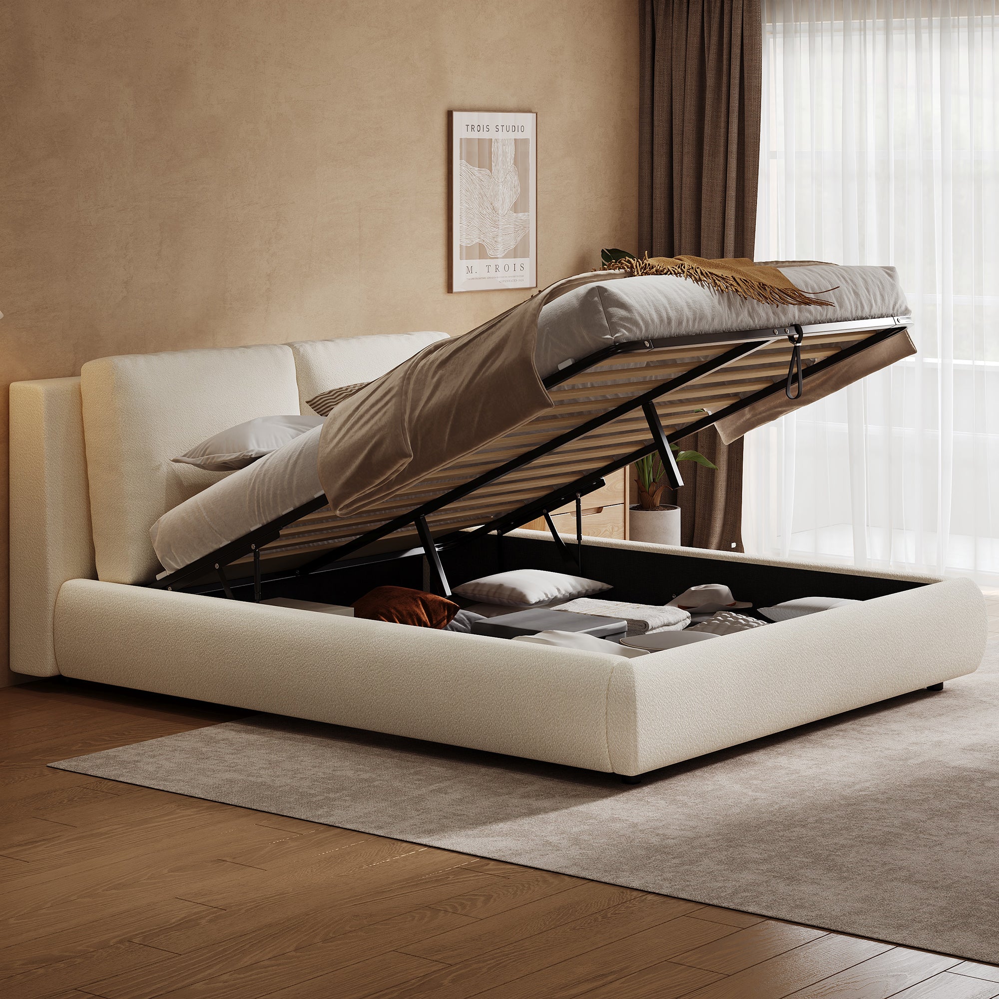 Logidon gestoffeerd bed 180x200 cm met opbergruimte en hydrauliek beige bouclé