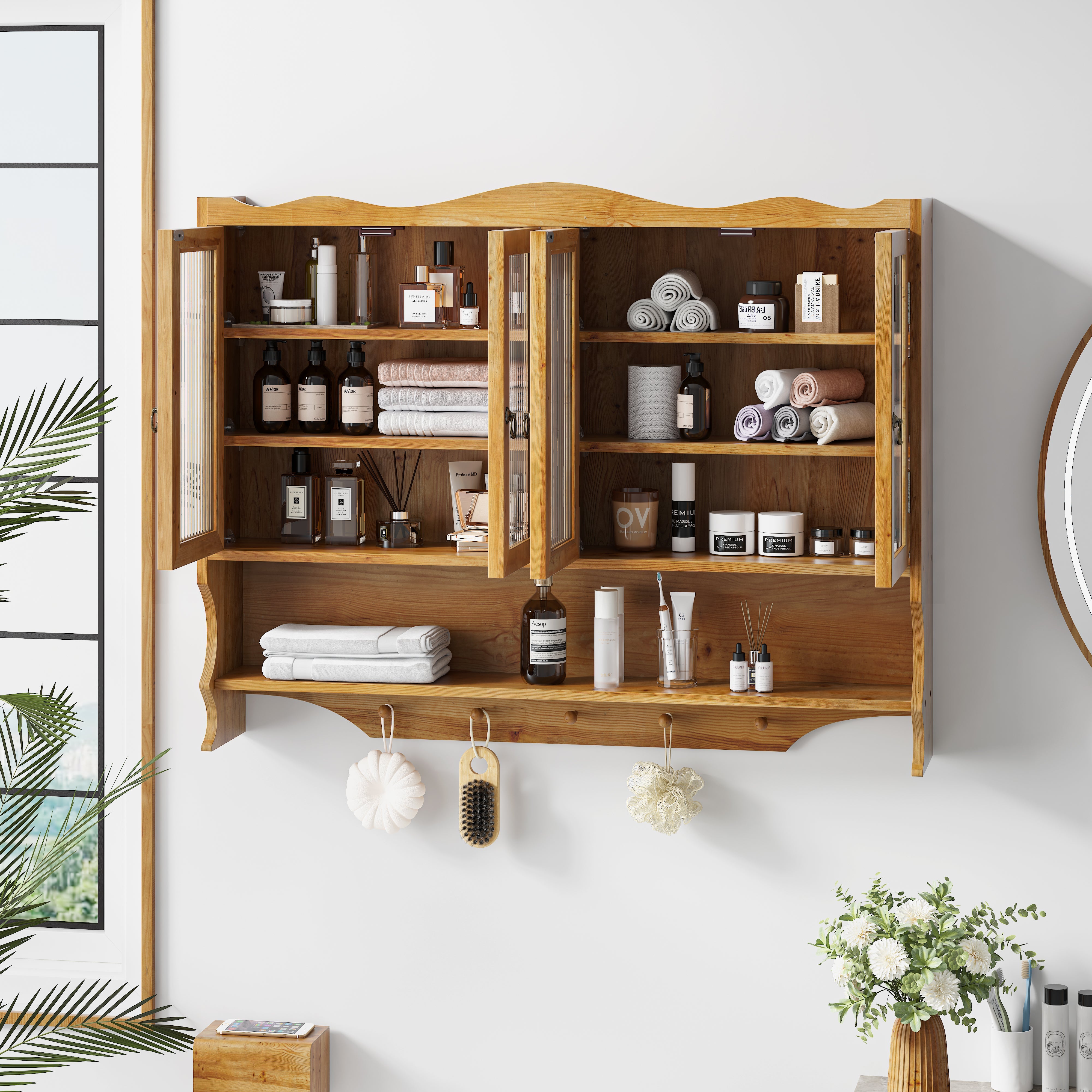 Logidon Retro wanddoos 100cm 4 deuren 2 niveaus open haken naturel hout