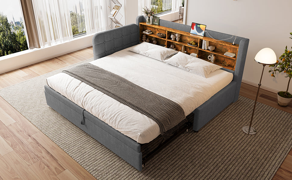 Logidon Daybed 90x200cm grijs linnen uitschuifbare slaapbank USB Type C