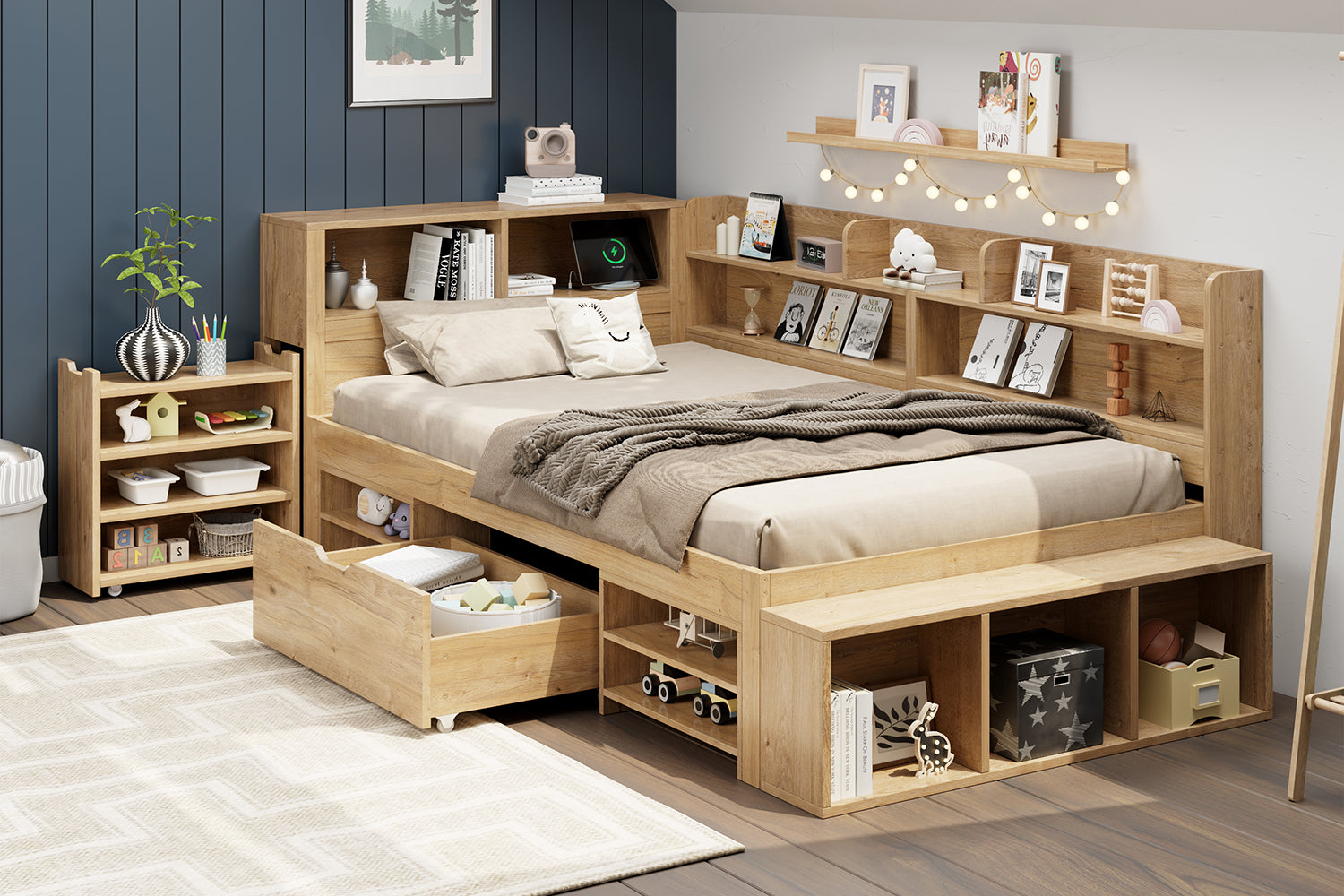 Logidon kinderbed 90x200 cm naturel hout met opbergruimte en opladen
