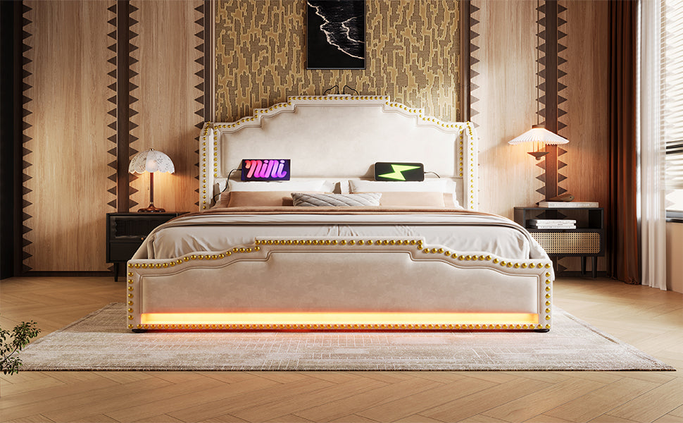 Logidon Upholstered Bed 160x200 Beige Velvet With Four Drawers LED USB C