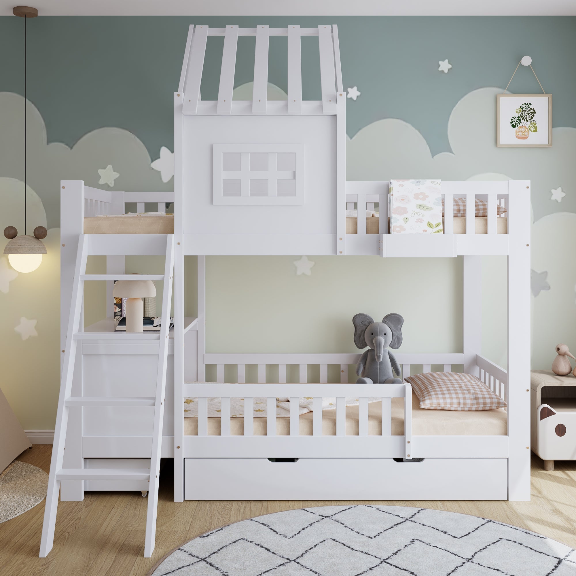 Logidon stapelbed 90x200 wit met dak, raam en 2 lades