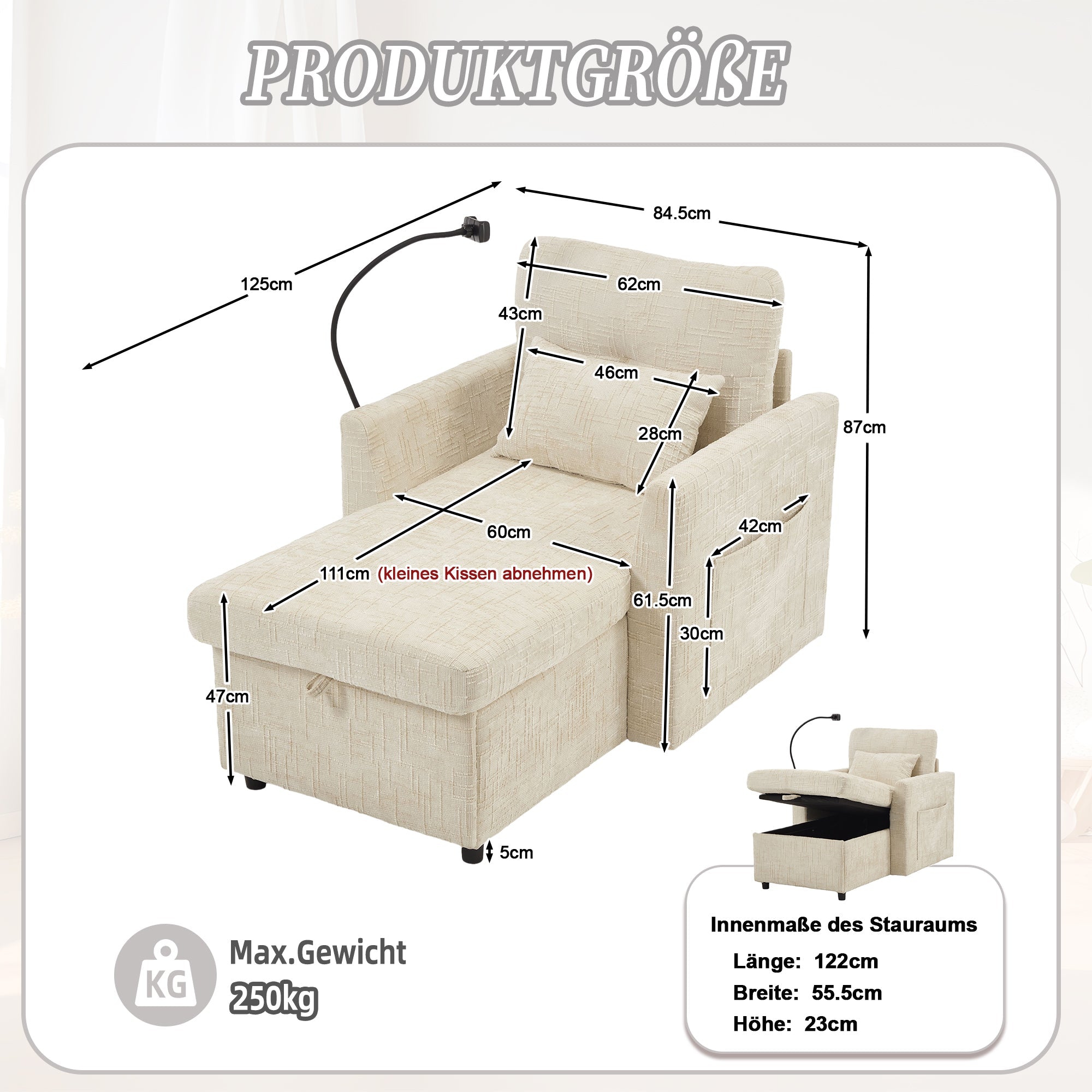 Logidon loungerstoel beige chenille met verstelbare rugleuning