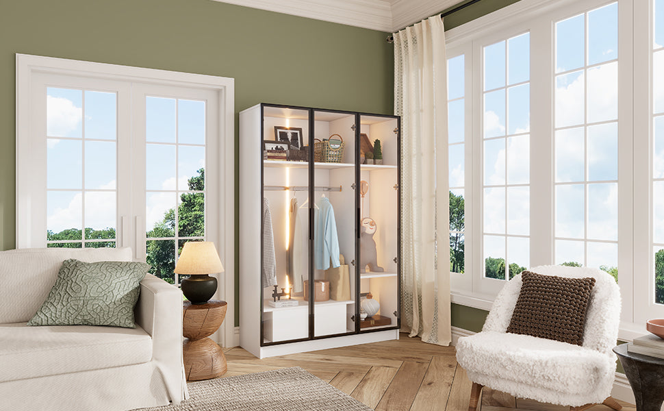 Logidon Witte kledingkast 110x50x160 cm met 3 glazen deuren LED
