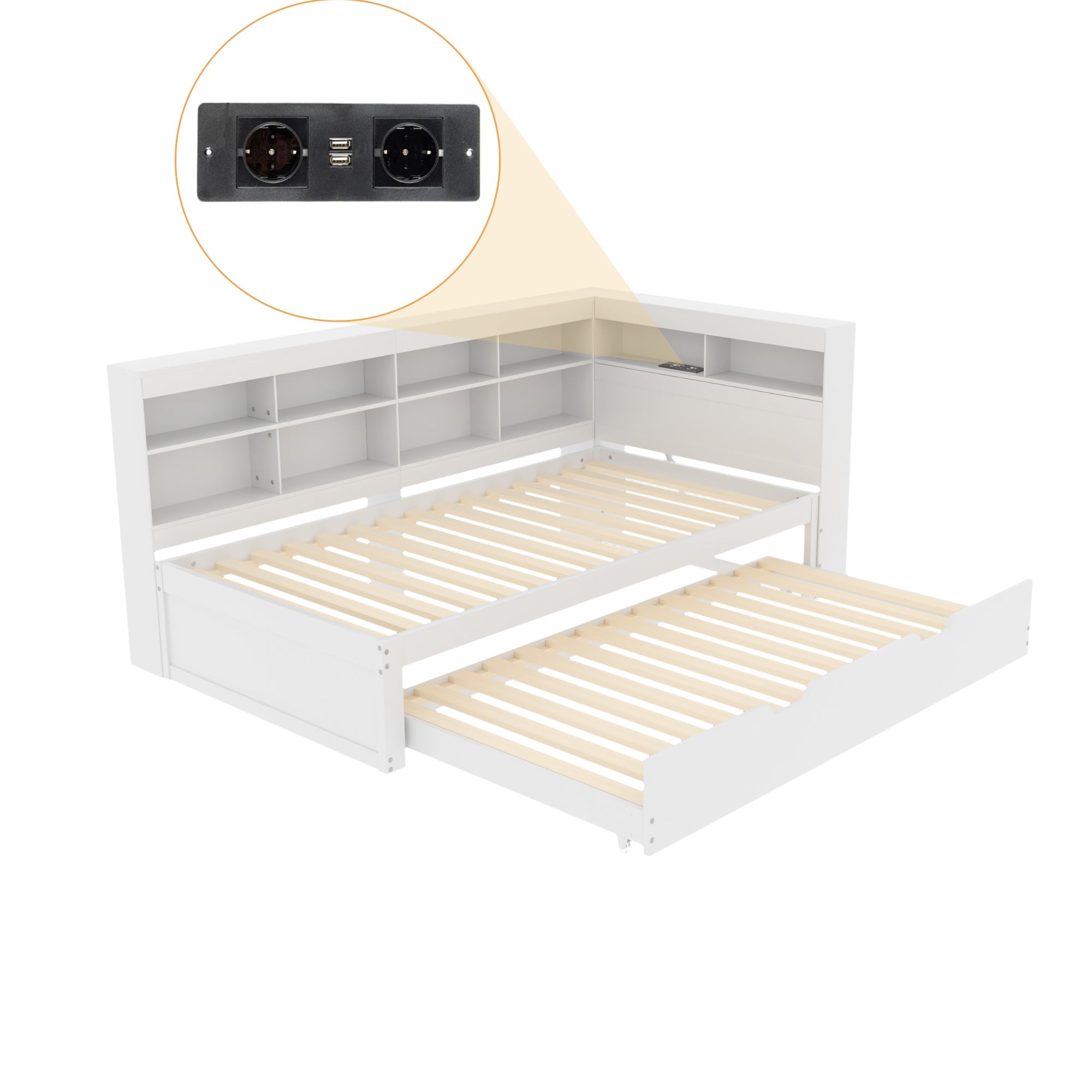 Logidon slaapbank 90x200 uitschuifbaar bed 90x190 USB wit