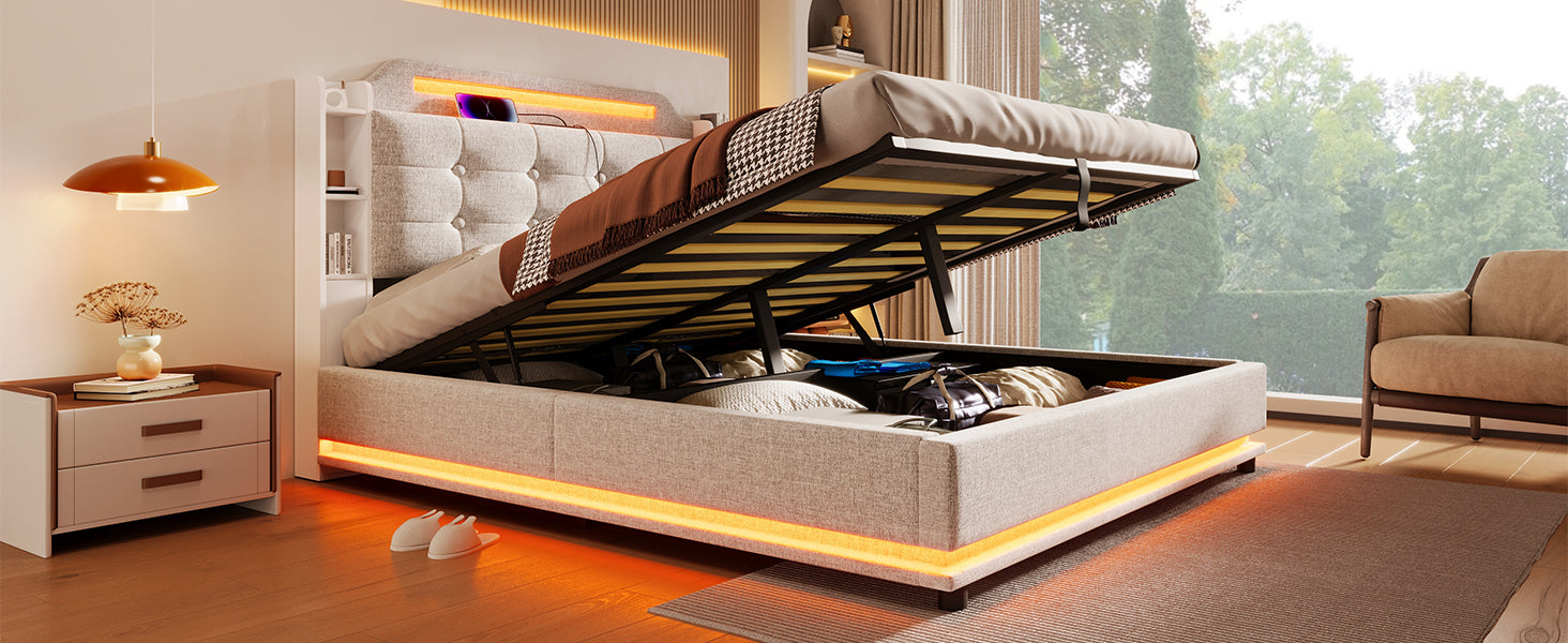 Logidon gestoffeerd bed 140x200 beige met LED lichtstrip en opbergruimte