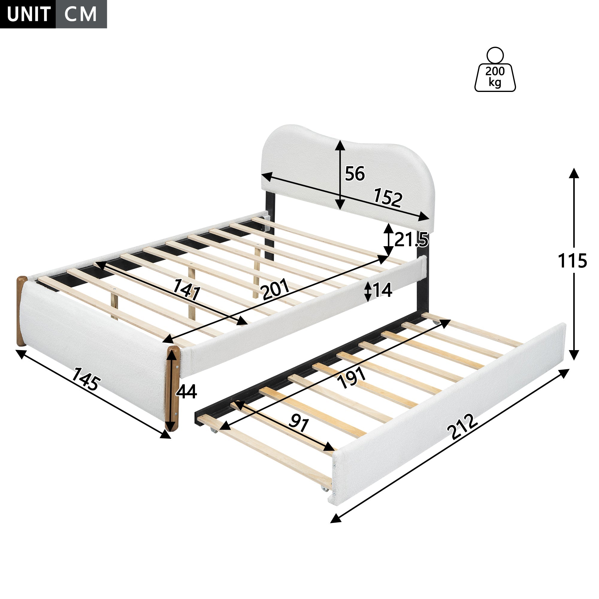 Logidon vlakbed 140x200 gestoffeerd bed uitschuifbaar onderschuifbed wit