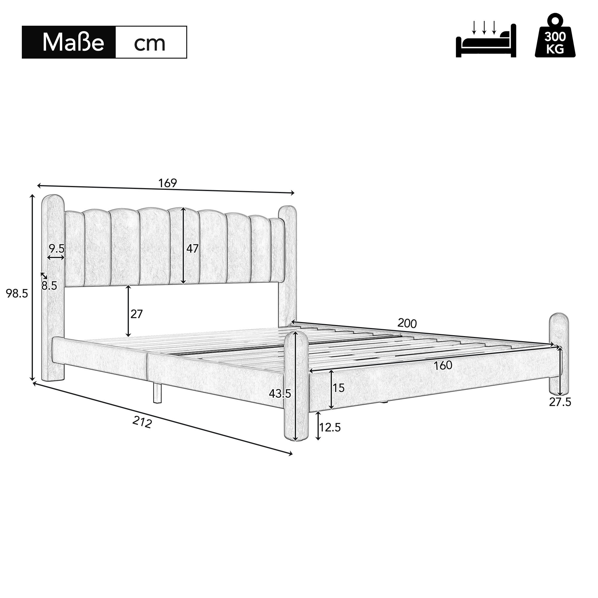 Logidon gestoffeerd bed 160x200 beige fluweel waaierhoofdeinde lattenbodem