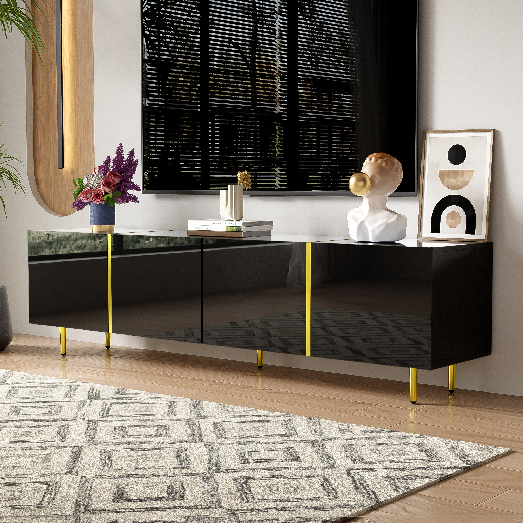 Logidon high-gloss TV cabinet 170 cm black-gold, 4 doors, modern