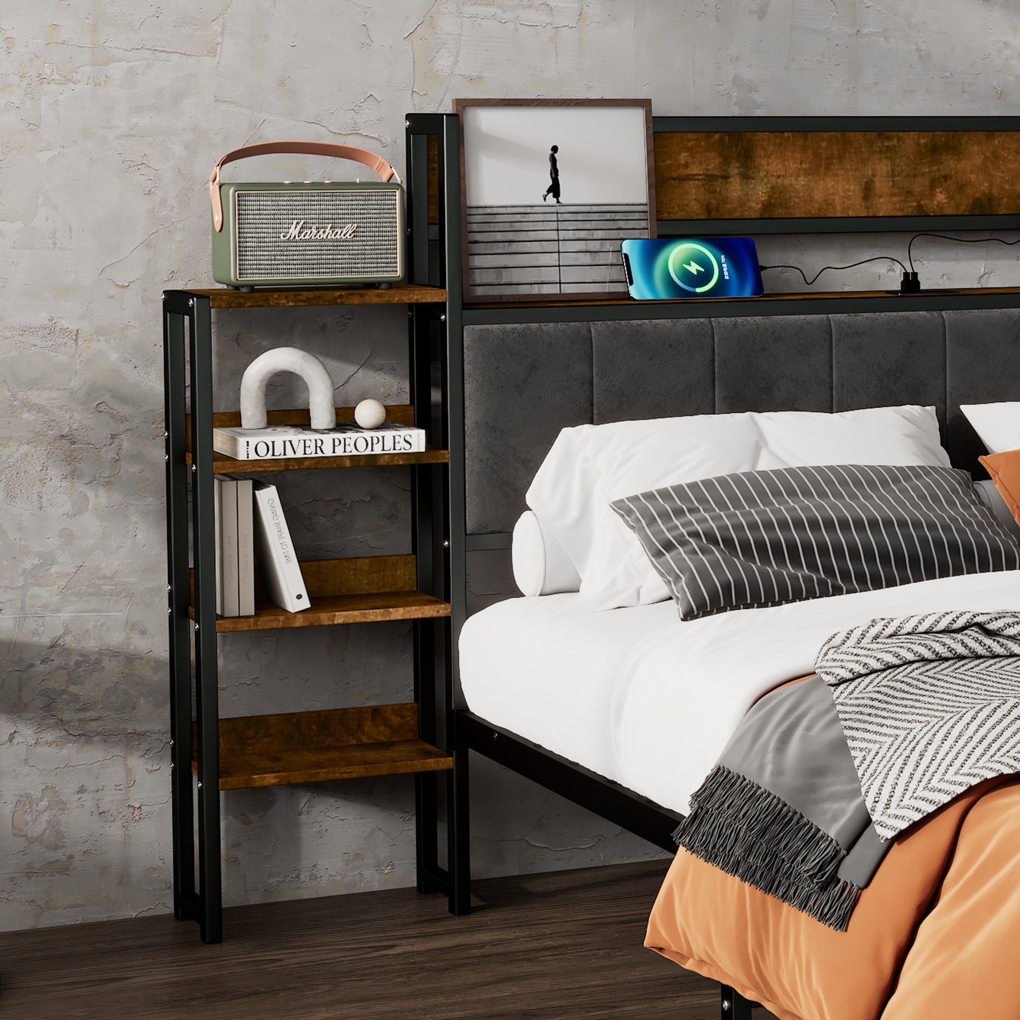 Logidon metalen bed 140x200 met opbergruimte USB-poorten zwart walnoot