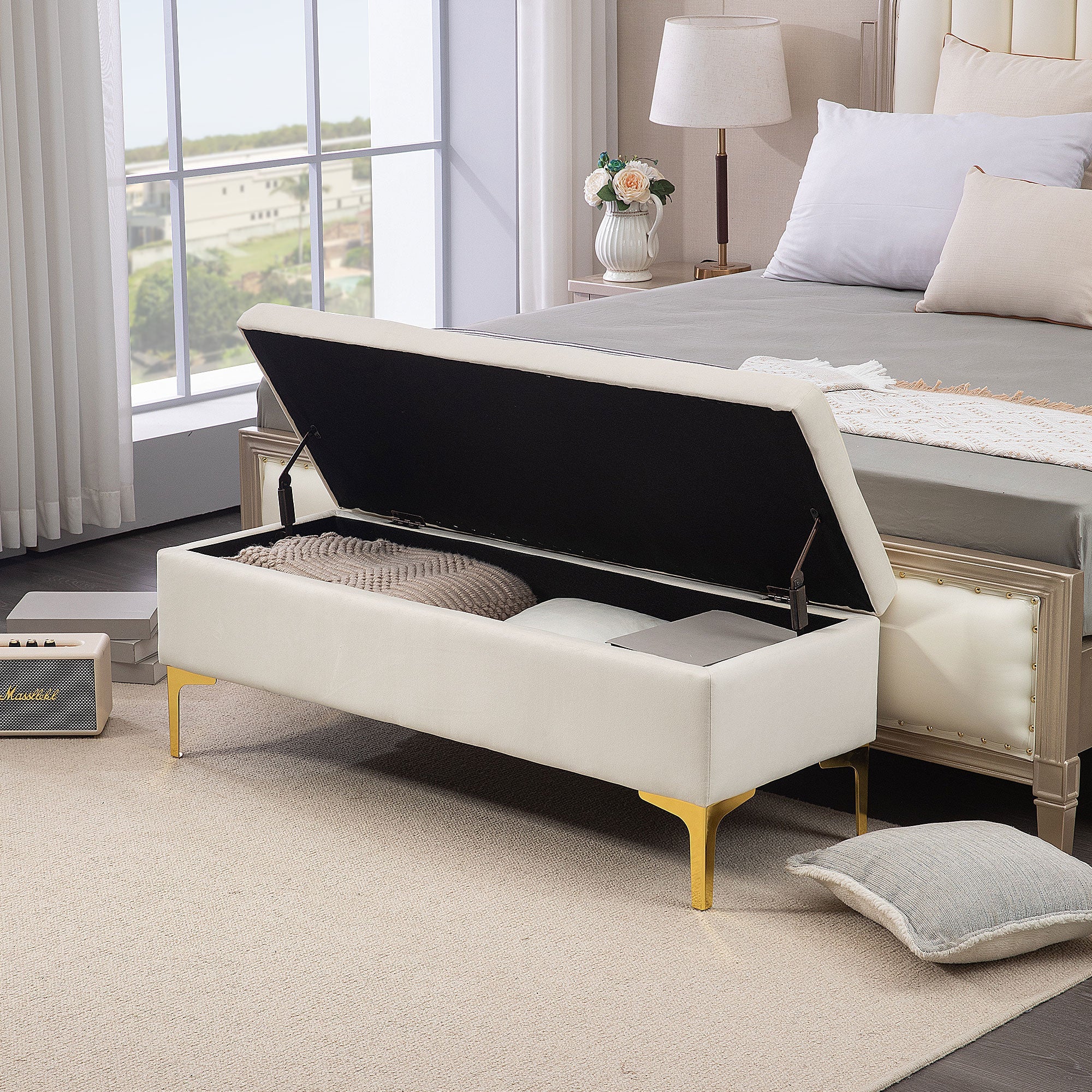 Logidon bank met opbergruimte beige fluweellook 120x44x44,5 cm