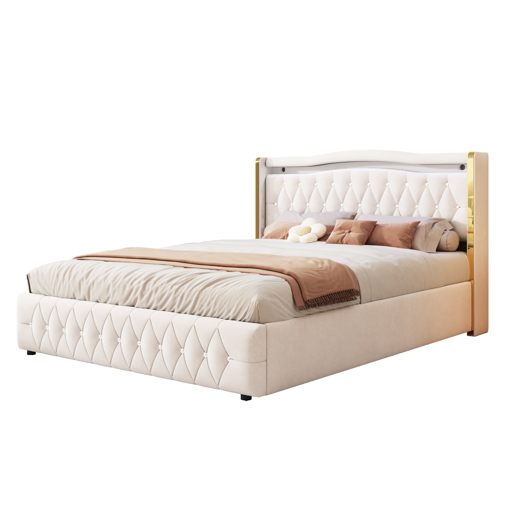 Logidon stoffen bed 160x200 beige fluweel LED-opbergruimte