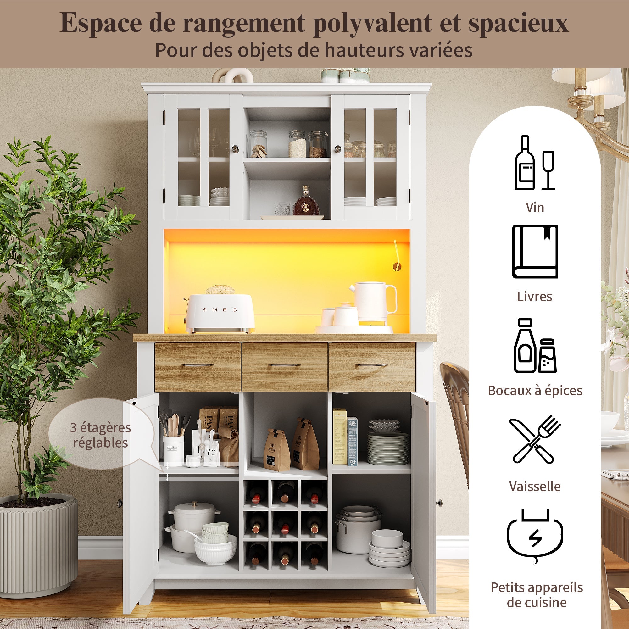 Logidon keukenkast vitrinekast 106x40x179cm met LED licht naturel wit