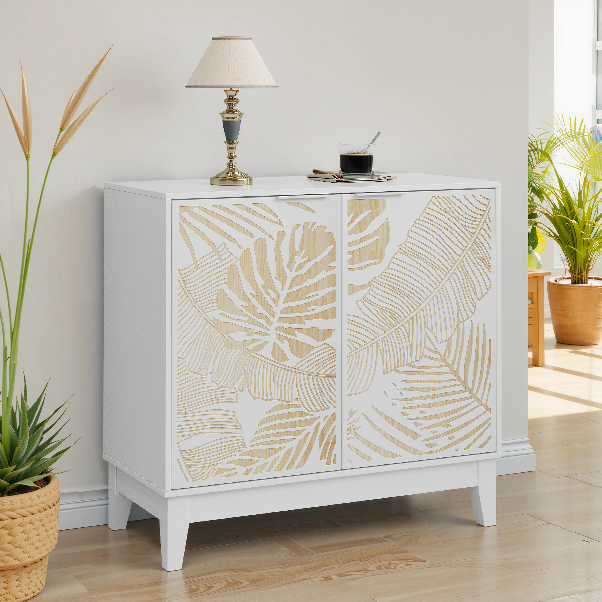 Logidon 80 cm vintage buffetkast wit met houtsnijwerk 2 deuren