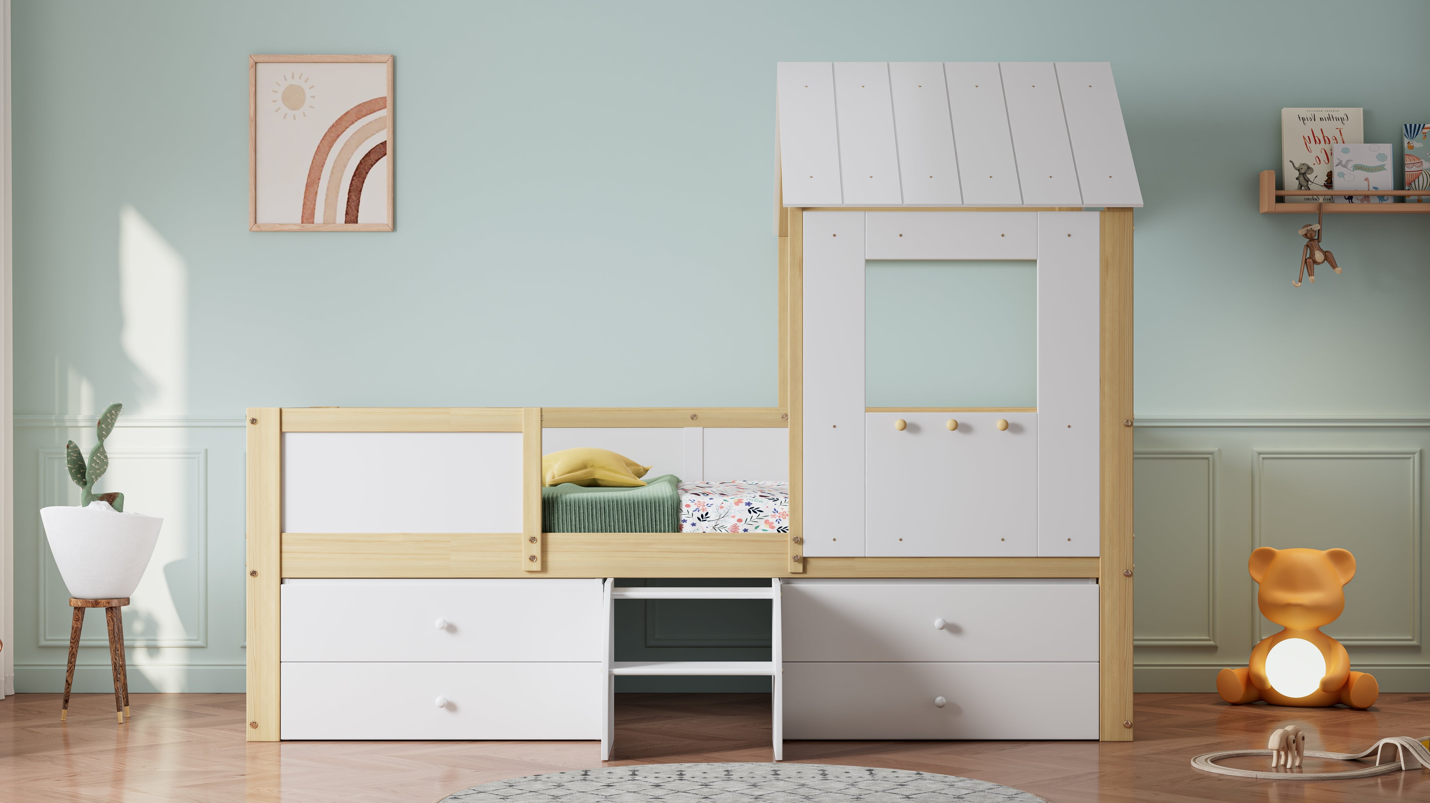 Logidon halfhoog huisbed 90x200 wit naturel met dak