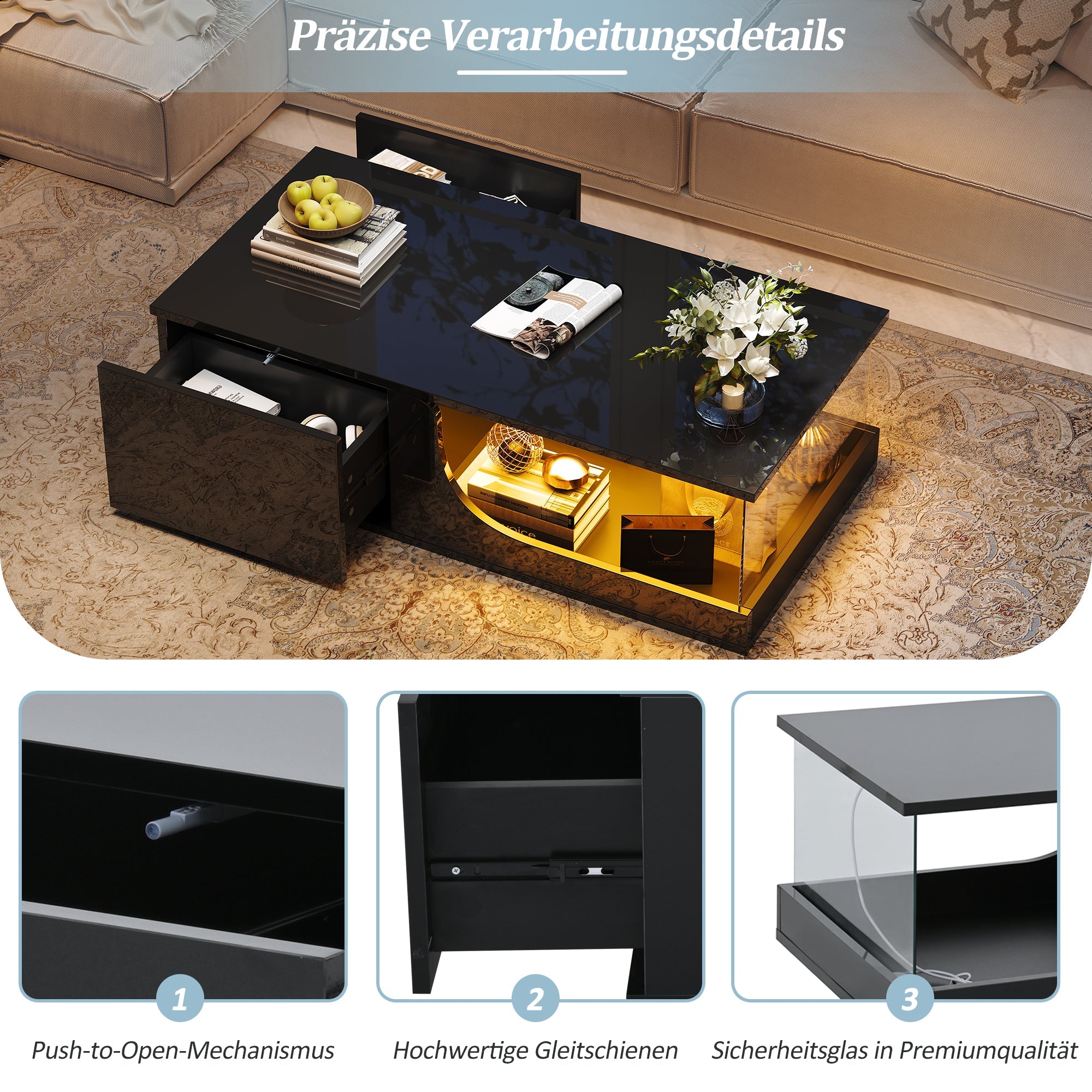 Logidon Zwarte hoogglans salontafel 100x50x30 cm LED-verlichting