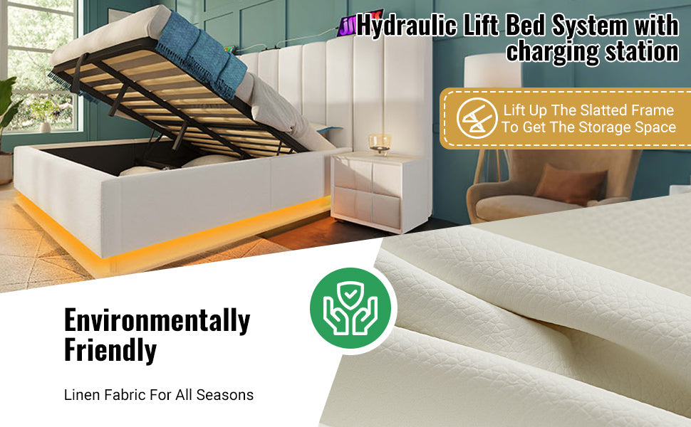 Logidon gestoffeerd bed 160x200 wit met opbergruimte en app-gestuurde LED-verlichting