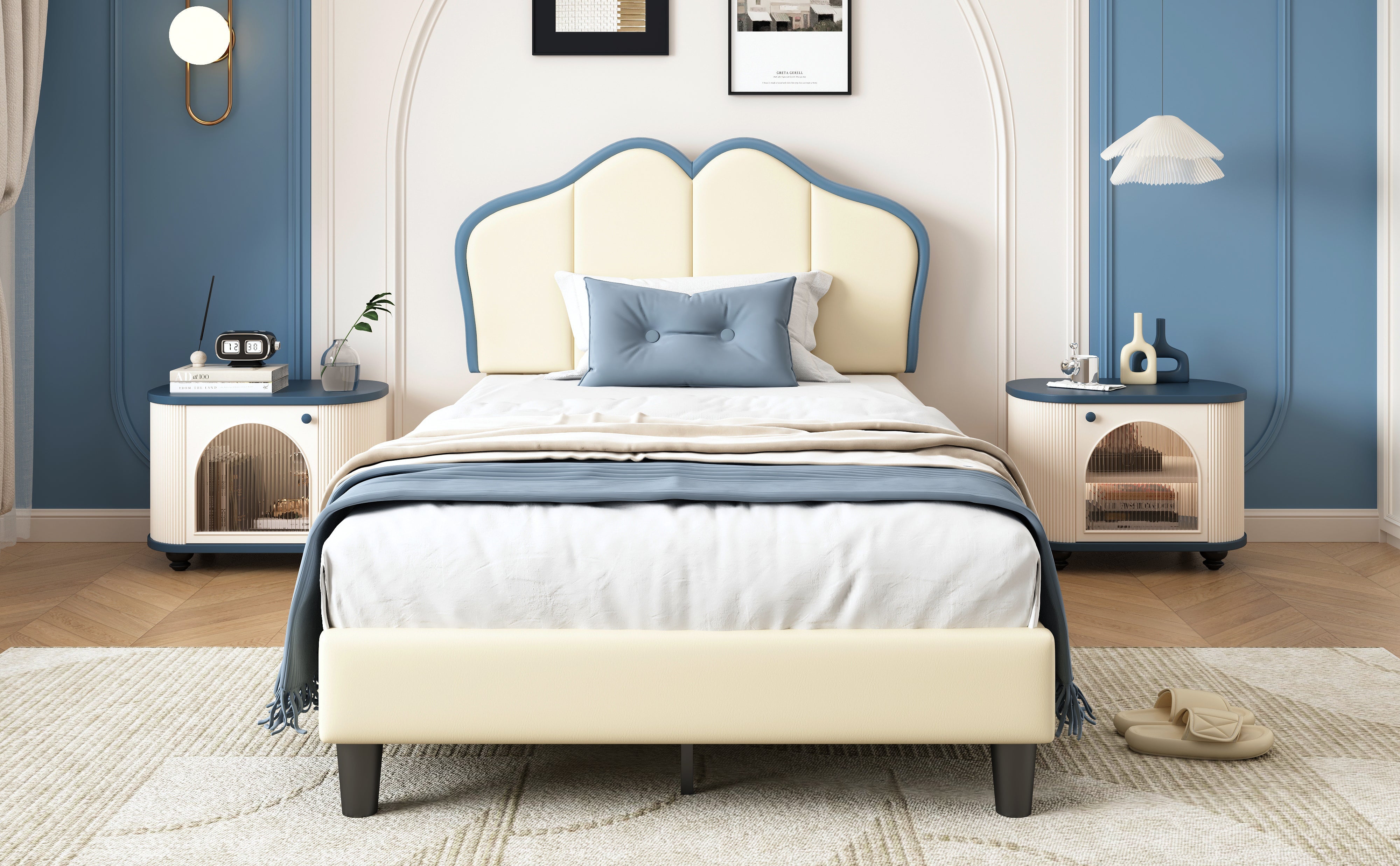 Logidon gestoffeerd bed 90x200 kinderbed wit blauw met zachte beschermranden