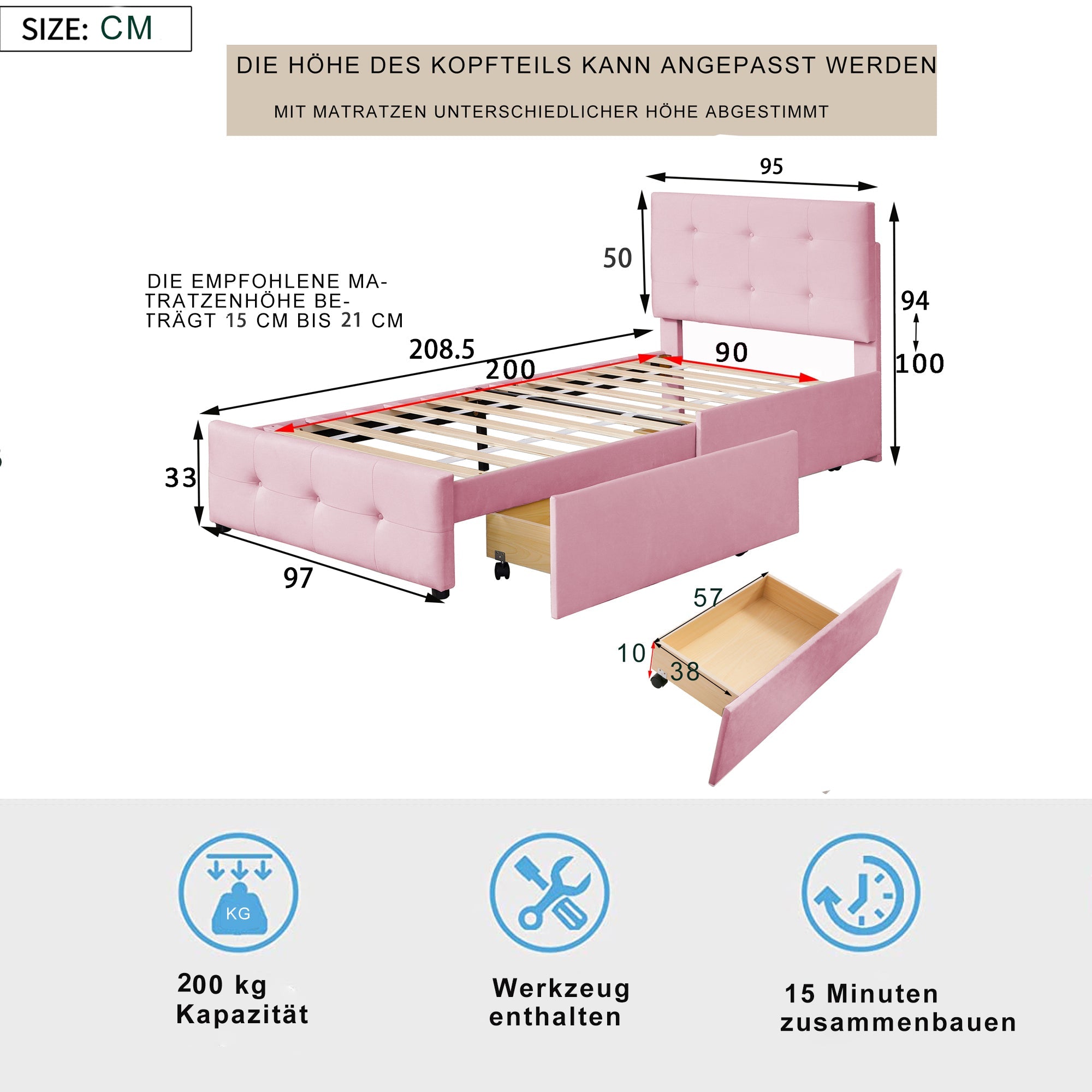 Logidon gestoffeerd bed 90x200 roze fluweel met lattenbodem twee lades