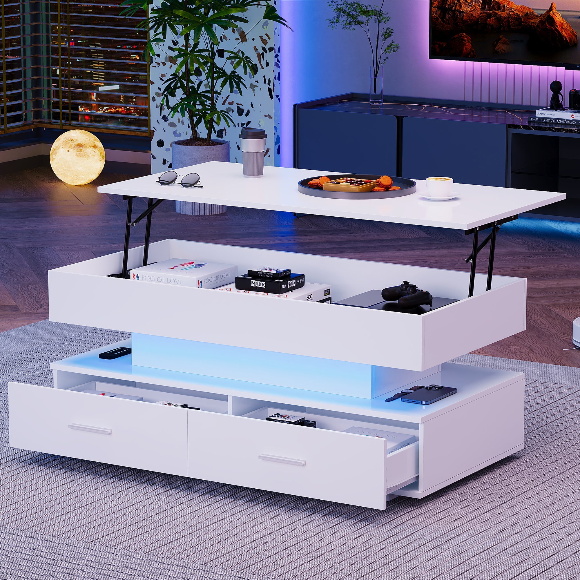 Logidon Hydraulisch in hoogte verstelbare salontafel 100x50x44 cm Wit LED