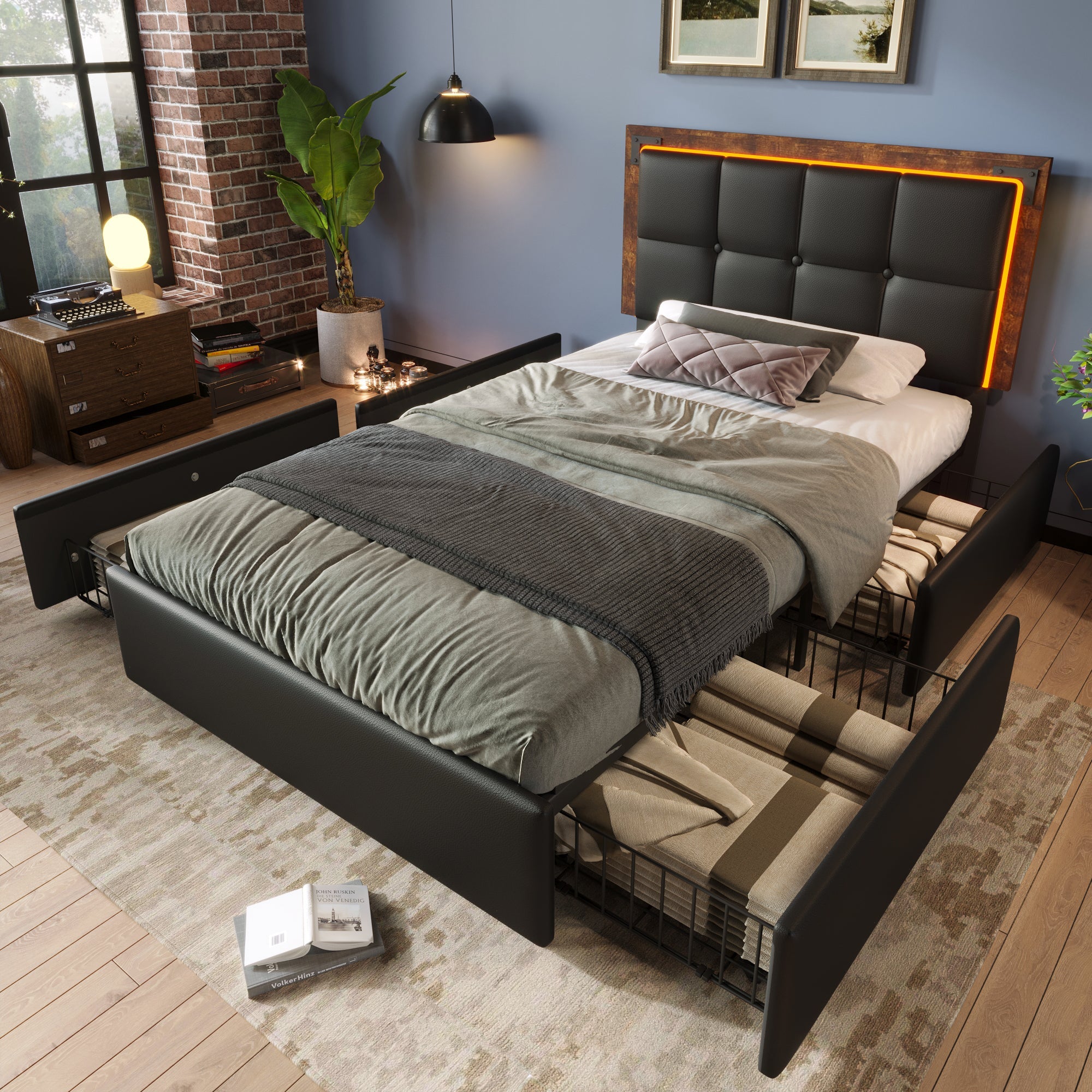 Logidon bedframe 90x200cm met LED-strip en vier lades zwart